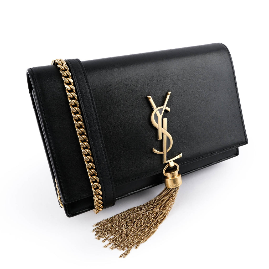 Saint Laurent (YSL) Kate Small Chain Shoulder Bag with Tassel in Black Smooth Leather 354121
