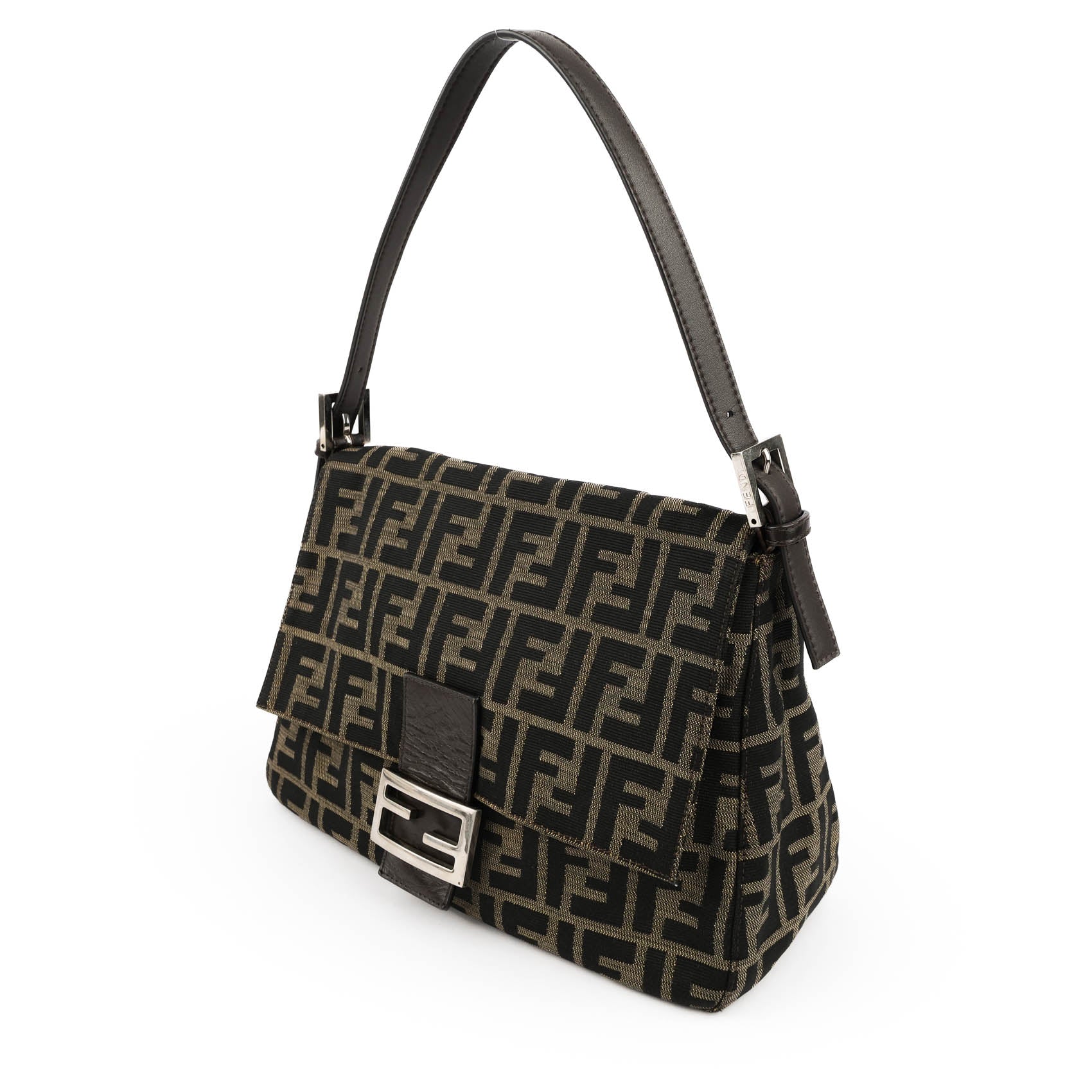 Fendi Zucca Canvas Mamma Baguette Shoulder Bag Tobacco Brown Leather Silver Hardware