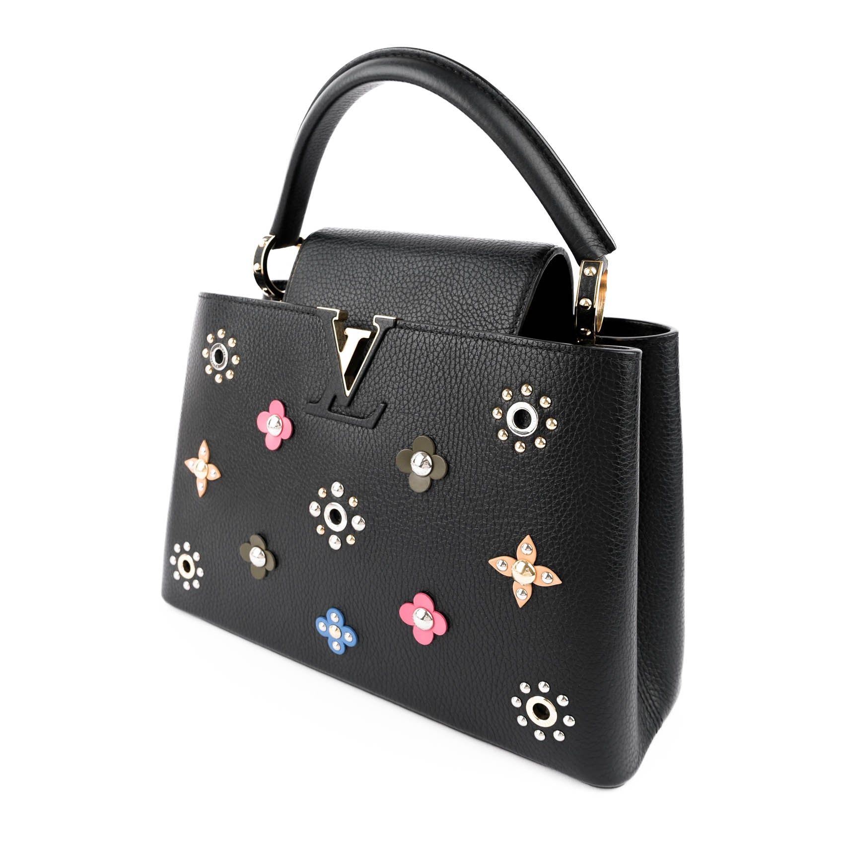 Louis Vuitton Capucines PM M54311 Black Taurillon Leather Monogram Flower Studs 2-Way Handbag RFID