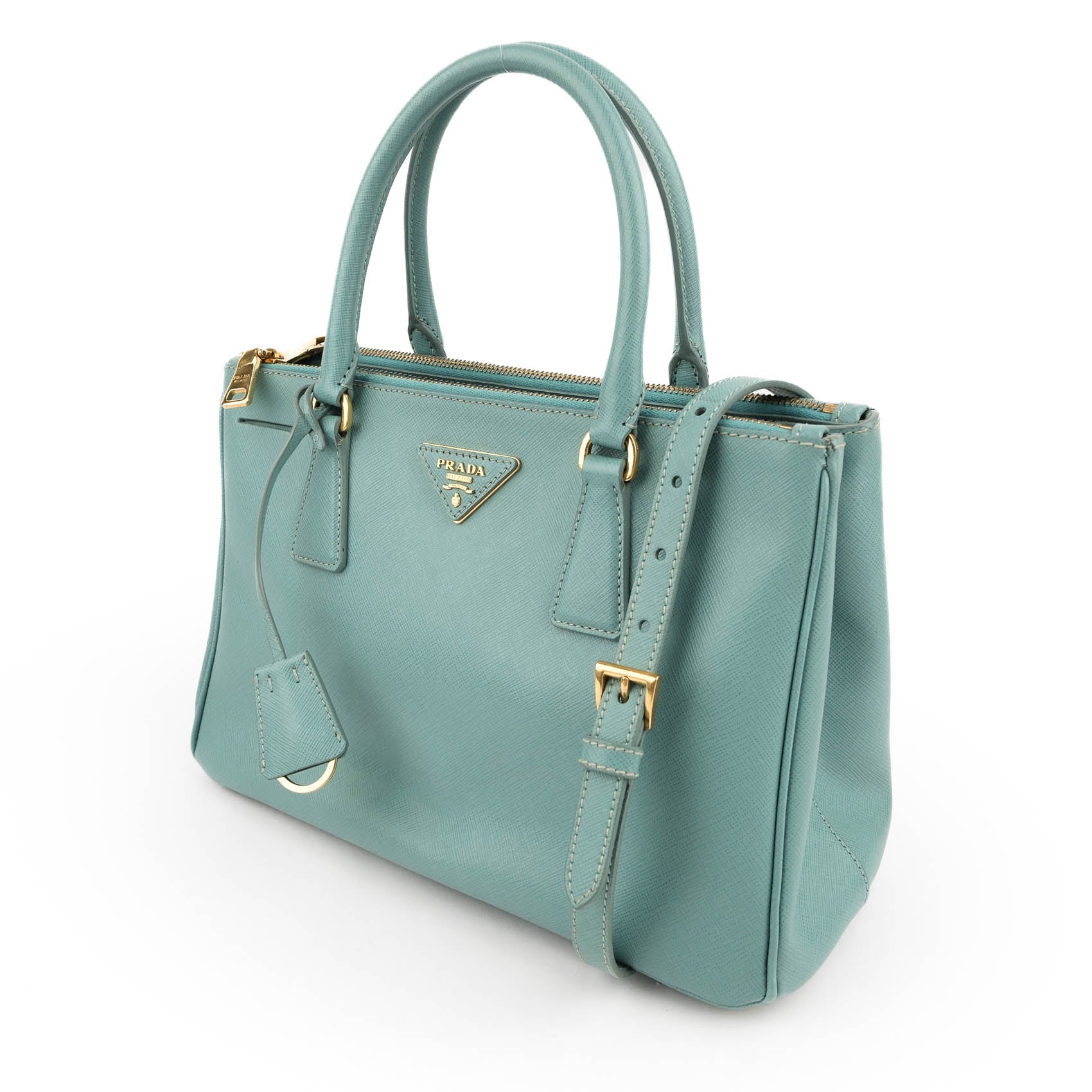 Prada Galleria Medium Saffiano Leather 2-Way Handbag Light Blue Gold Hardware