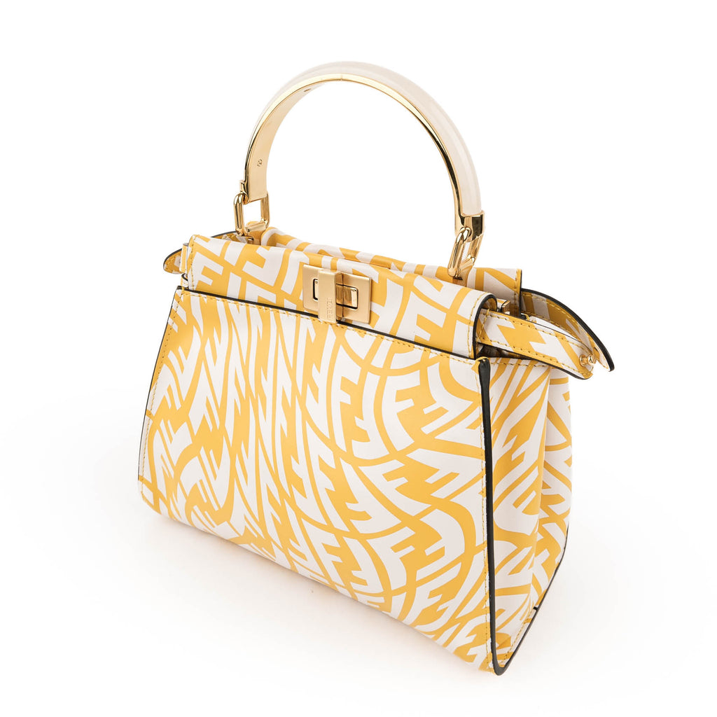 Fendi Mini Peekaboo 8BN244 Yellow White FF Print Leather 2WAY Top Handle Shoulder Bag