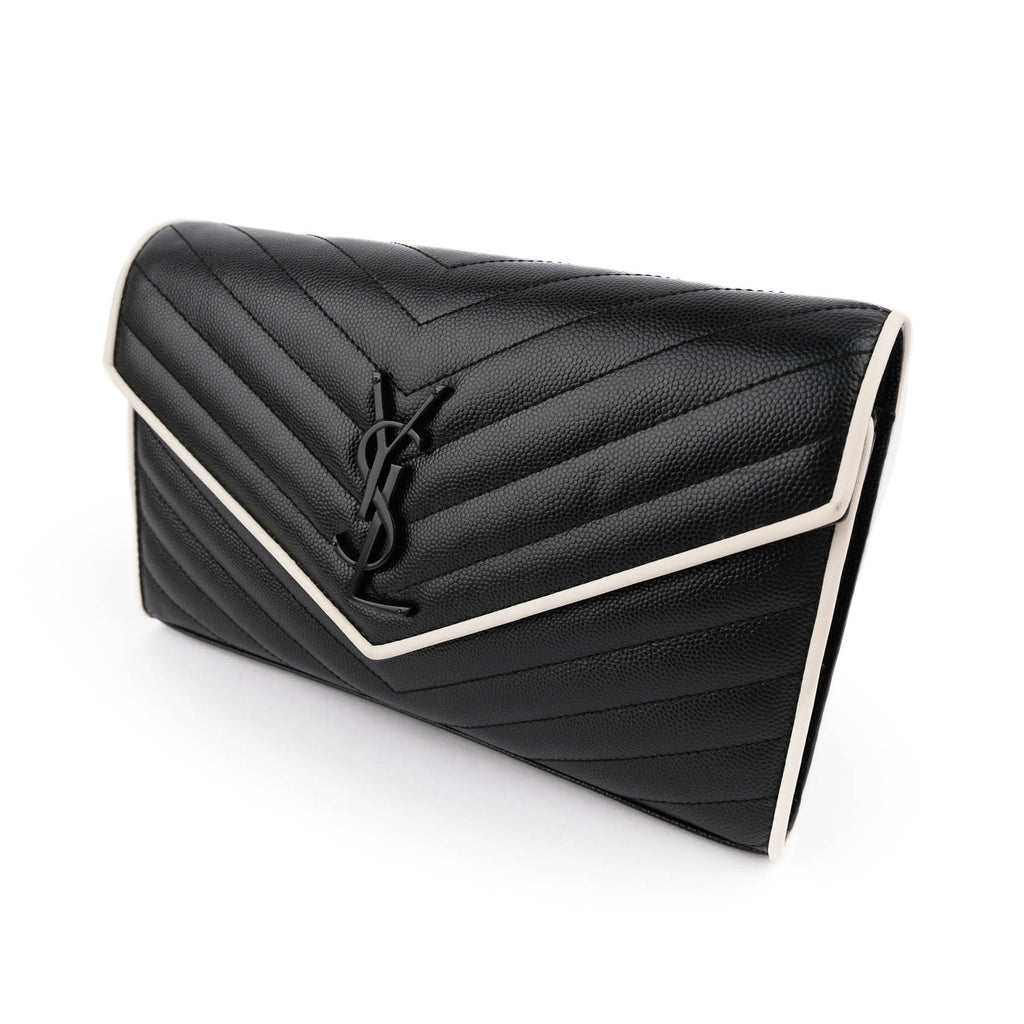 Saint Laurent Large Envelope Bag in Mix Matelassé Grain de Poudre Embossed Leather with White Piping and Black Hardware
