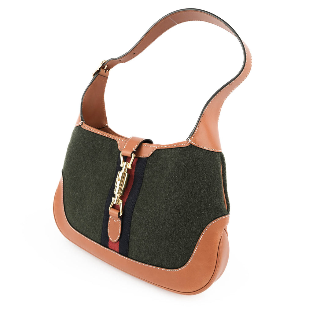 Gucci Jackie 1961 Small Shoulder Bag in Green Felt and Brown Leather