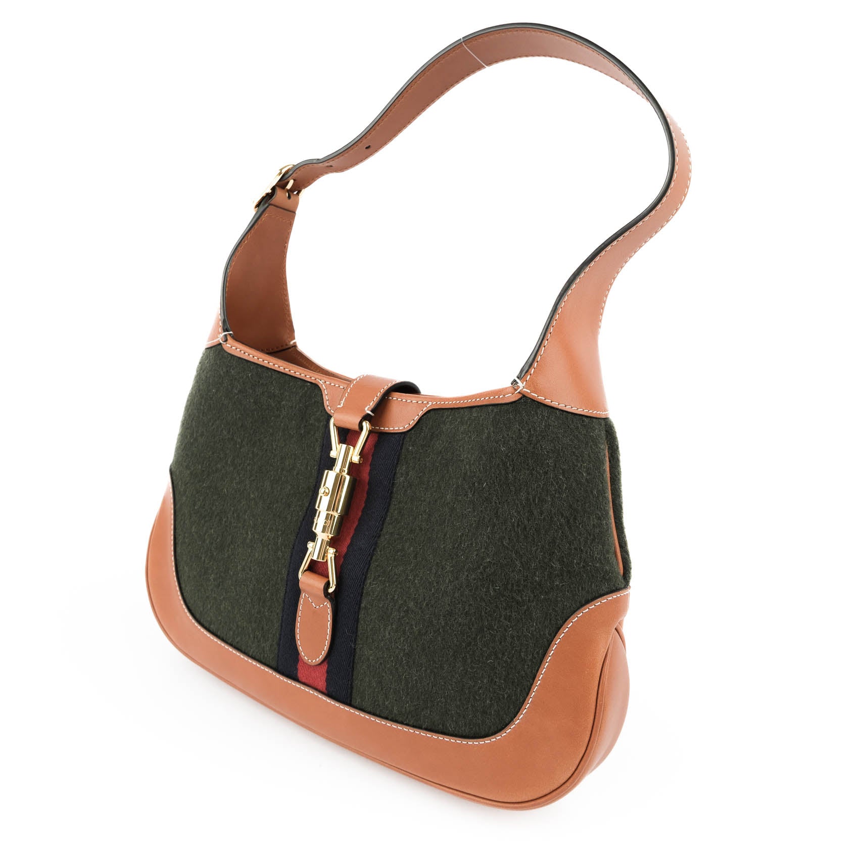 Gucci Jackie 1961 Small Shoulder Bag in Green Felt and Brown Leather