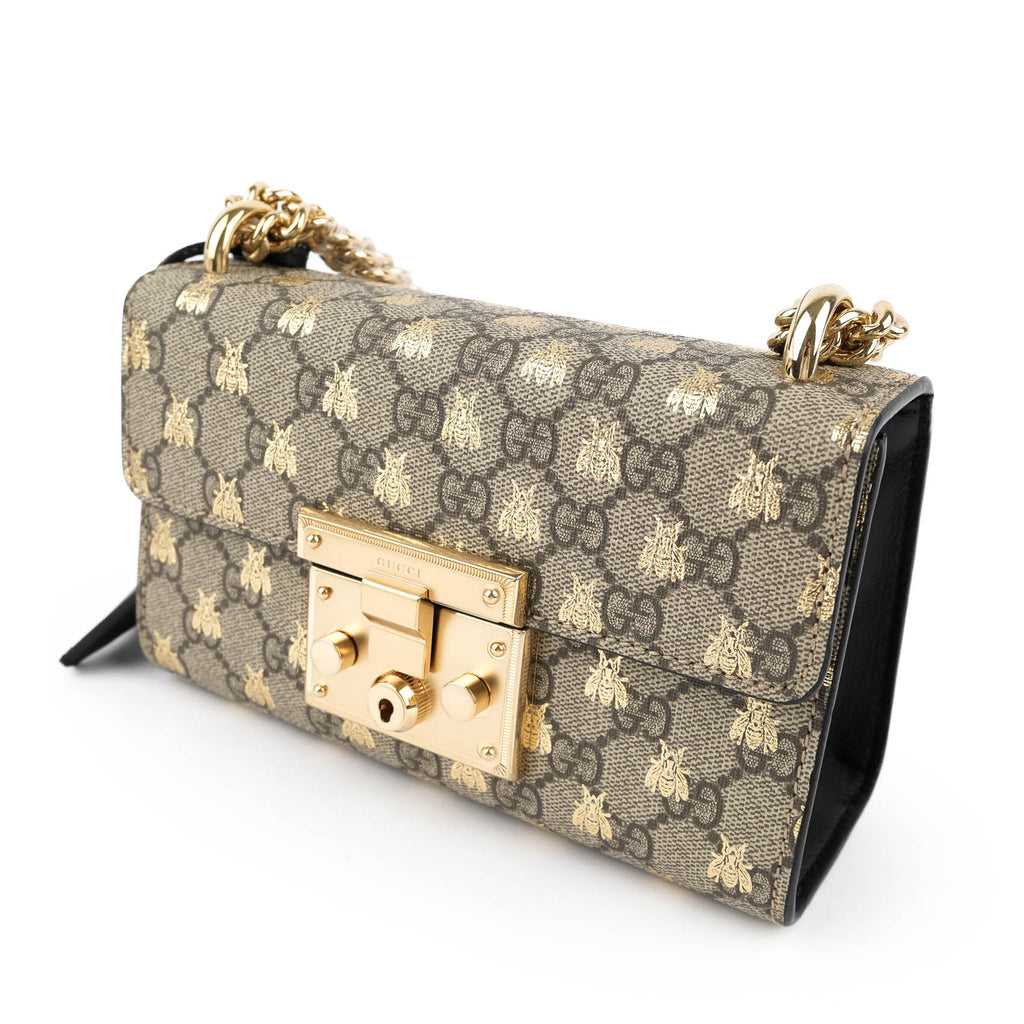 Gucci Padlock Small Shoulder Bag 409487 GG Supreme Gold Bee Print Beige Black