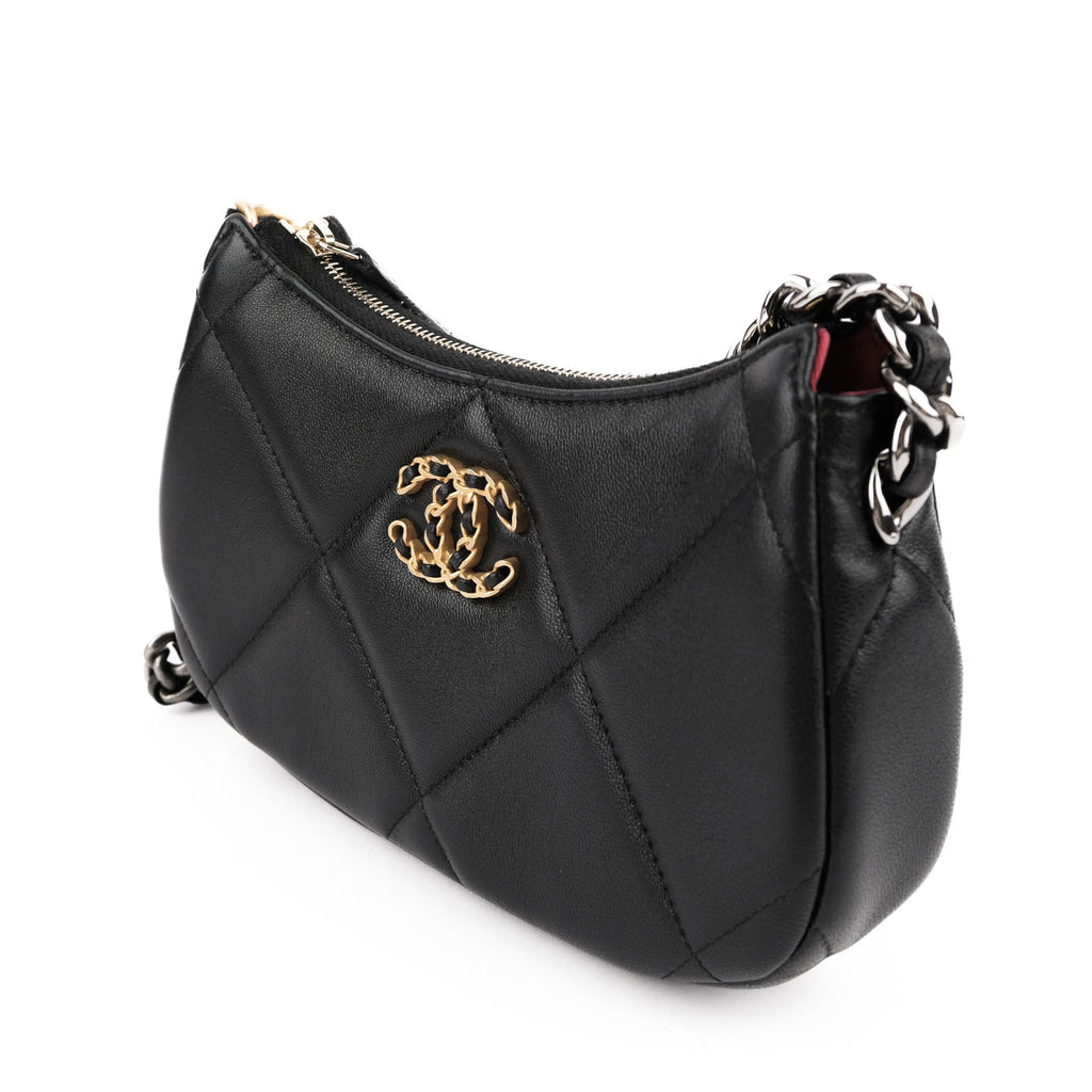 CHANEL 19 Small Zip Chain Shoulder Bag Black Lambskin Mixed Metal Hardware RFID Full Set