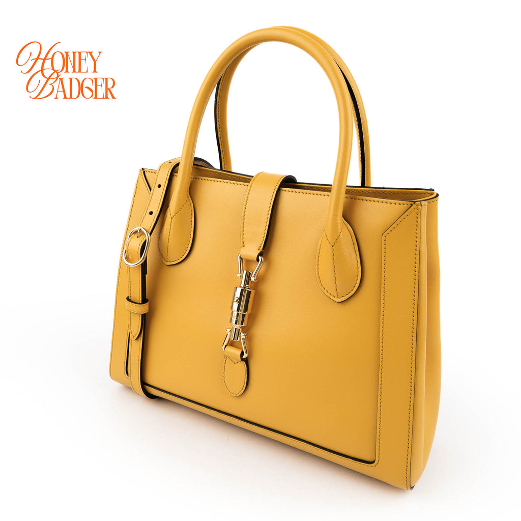 Gucci Jackie 1961 Piston Lock Yellow Leather Shoulder Tote Bag (Medium)