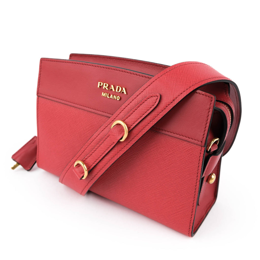 Prada Esplanade Crossbody Saffiano City Calf Red Leather Shoulder Bag 1BH043 Gold Hardware