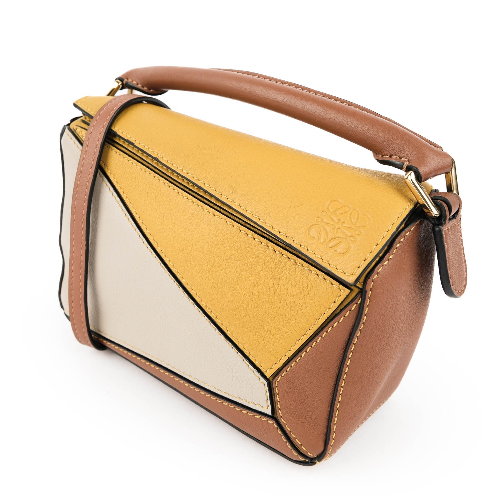 LOEWE Puzzle Bag Mini Brown Yellow Leather 2Way Shoulder Crossbody Handbag