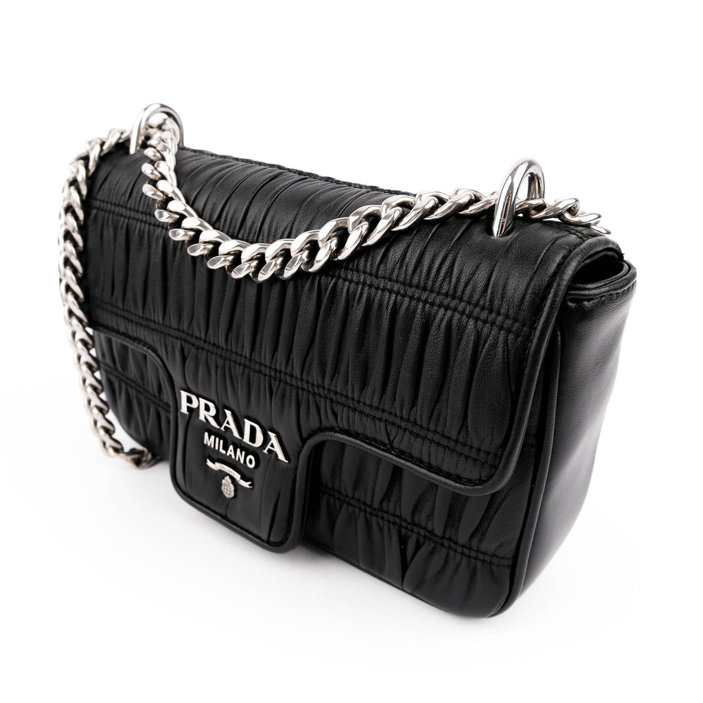 Prada Nappa Gaufre Pattina Flap Chain Shoulder Bag Black Leather Silver Hardware