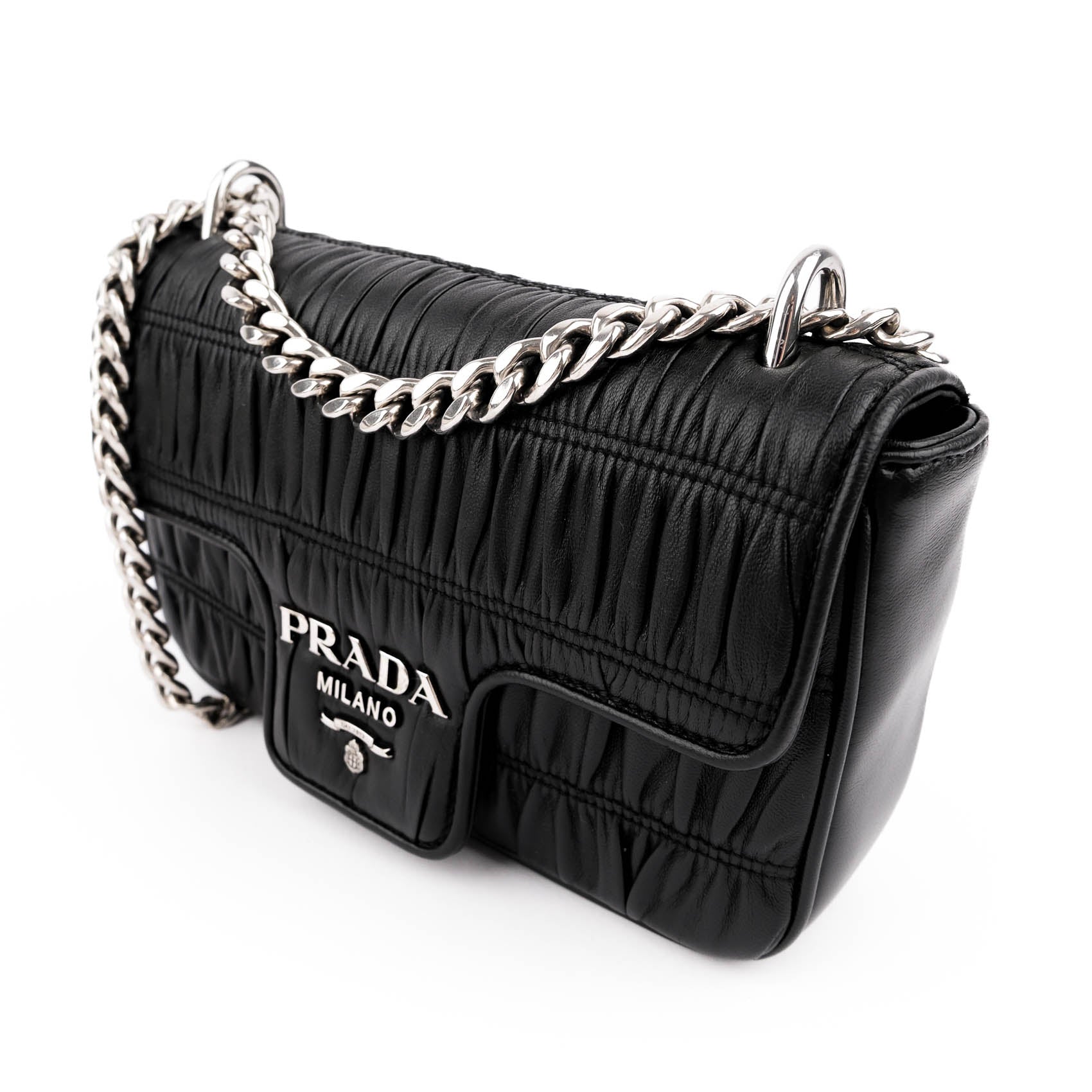Prada Nappa Gaufre Pattina Flap Chain Shoulder Bag Black Leather Silver Hardware