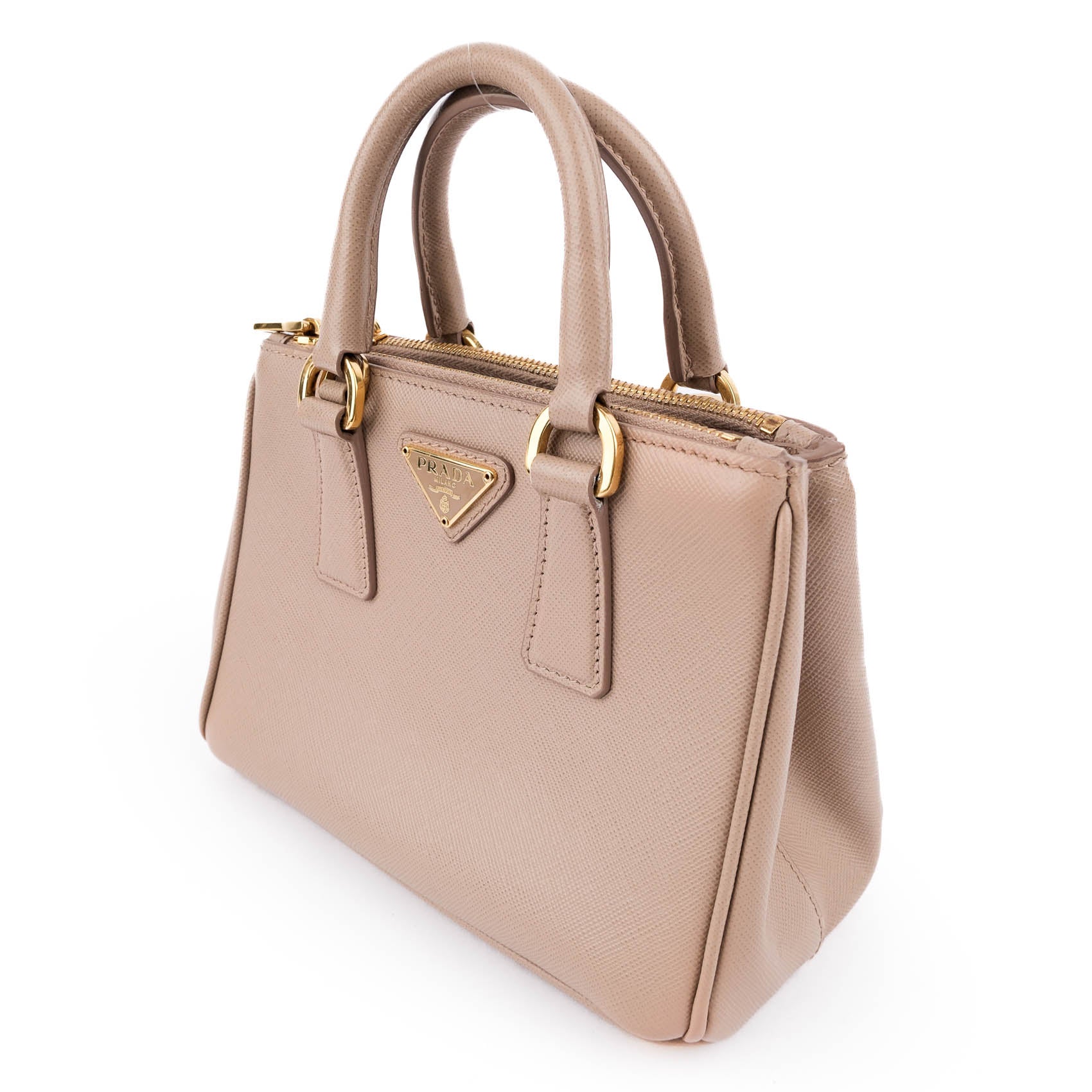 Prada Galleria Saffiano Mini 2-Way Handbag 1BA906 Beige Gold Hardware