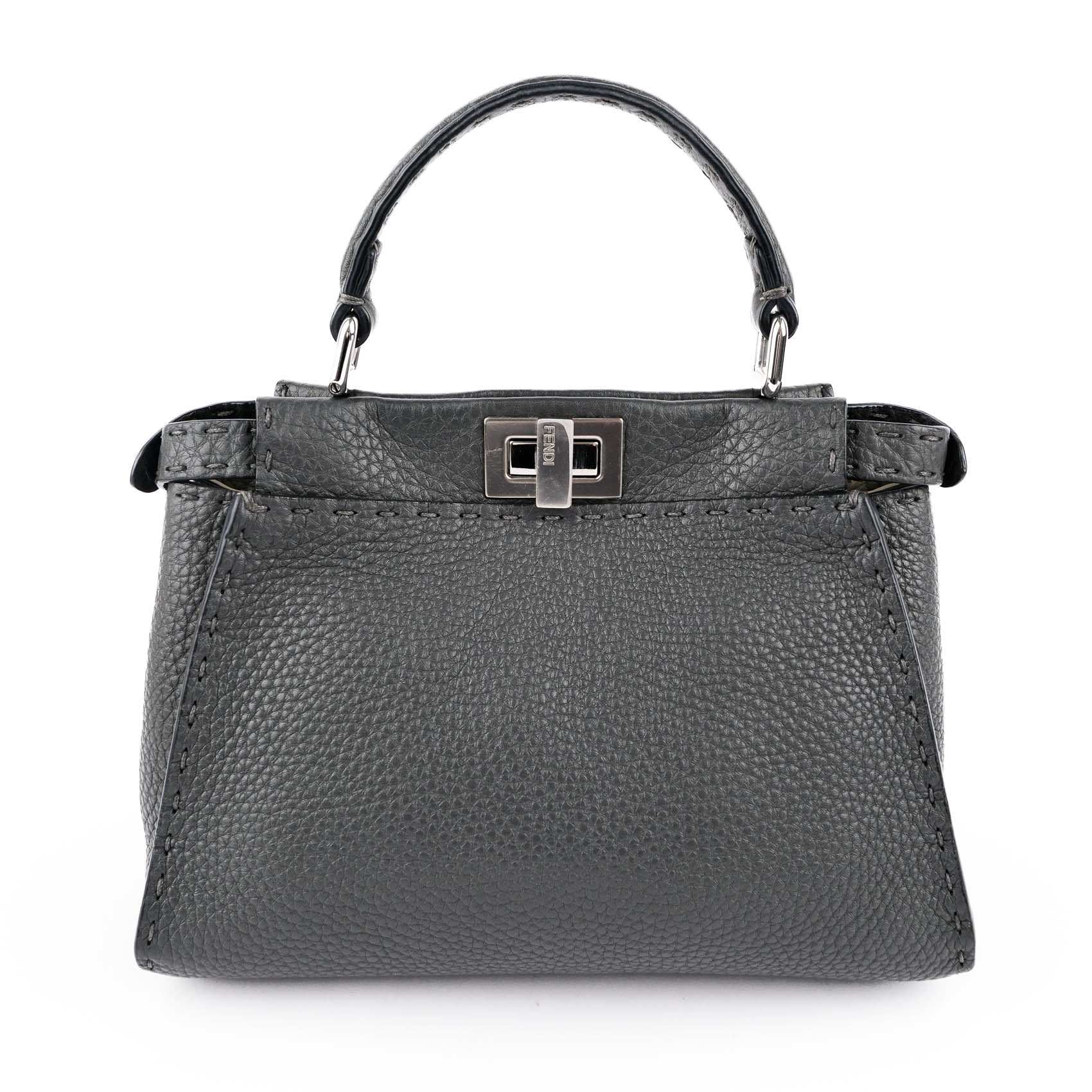 Fendi Selleria Mini Peekaboo 2-Way Handbag Cuoio Roma Leather Gray 8BN244 Silver Hardware
