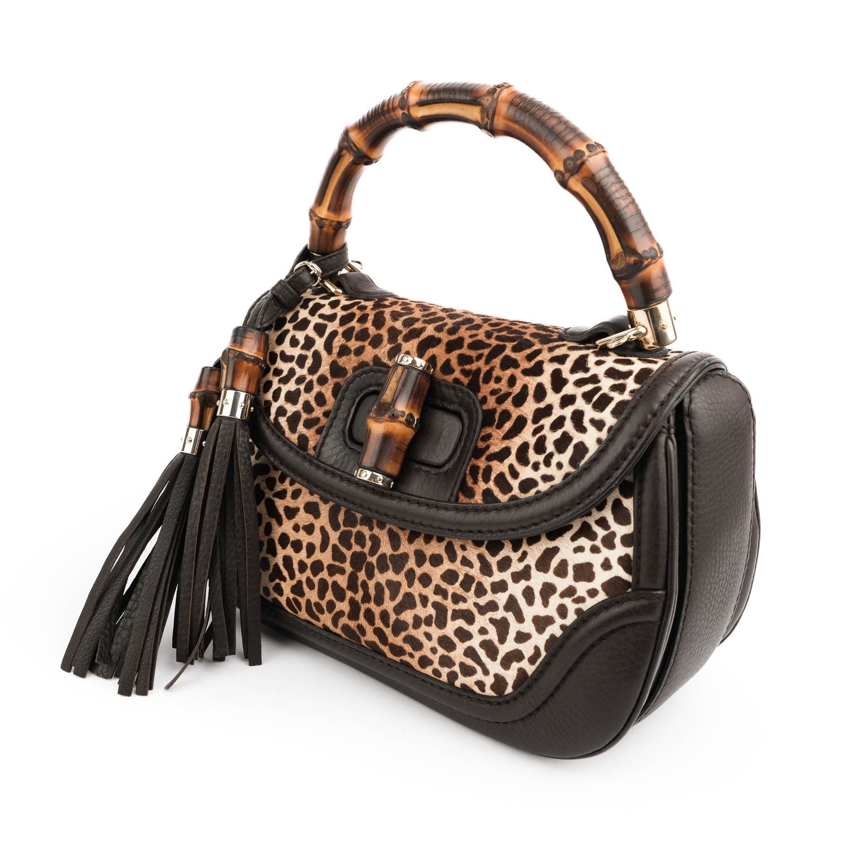 Gucci Bamboo Leopard Hair-Calf 2WAY Top Handle Bag