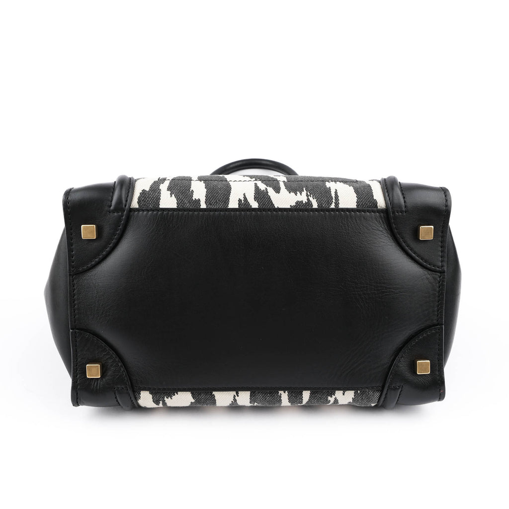 Celine Old Logo Luggage Large Shopper Tote Bag Abstract Leopard Canvas Black Leather