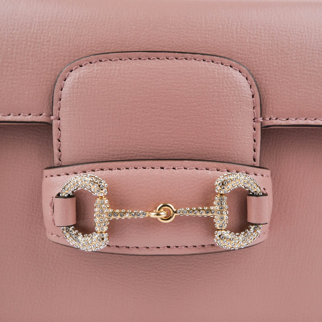 Gucci Horsebit 1955 Mini Chain Flap Bag Pink Leather Crystal Hardware 752002