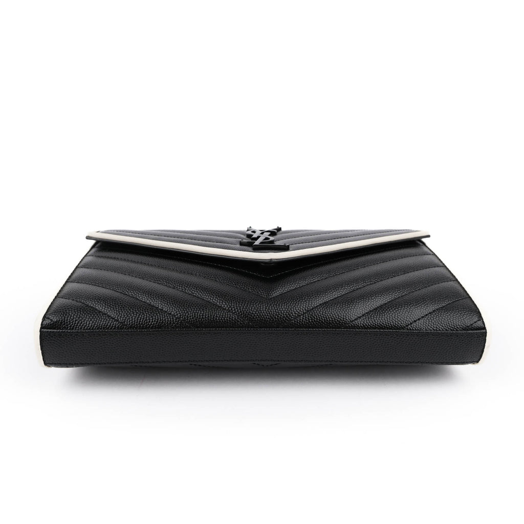 Saint Laurent Large Envelope Bag in Mix Matelassé Grain de Poudre Embossed Leather with White Piping and Black Hardware