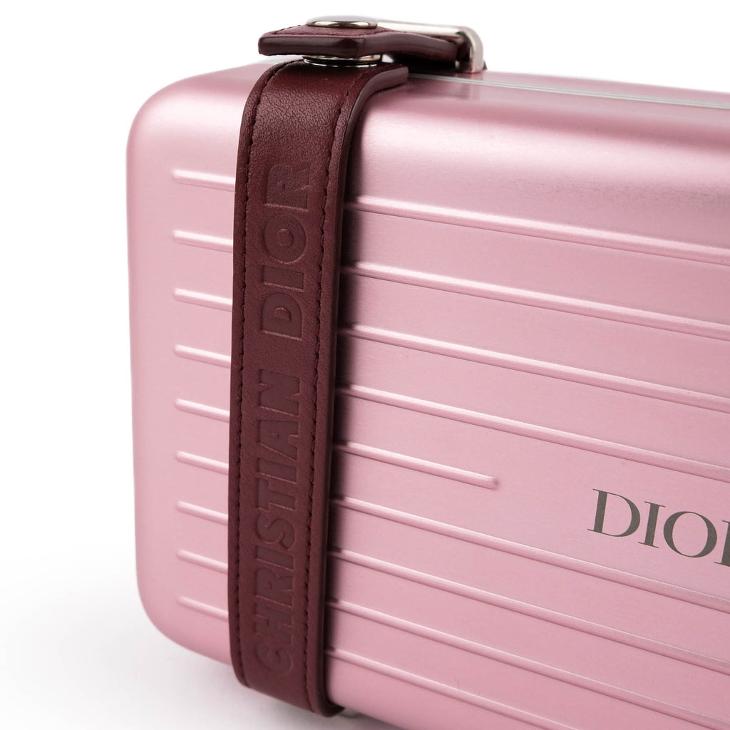 DIOR AND RIMOWA Personal Clutch on Strap in Rose Aluminum and Burgundy Leather