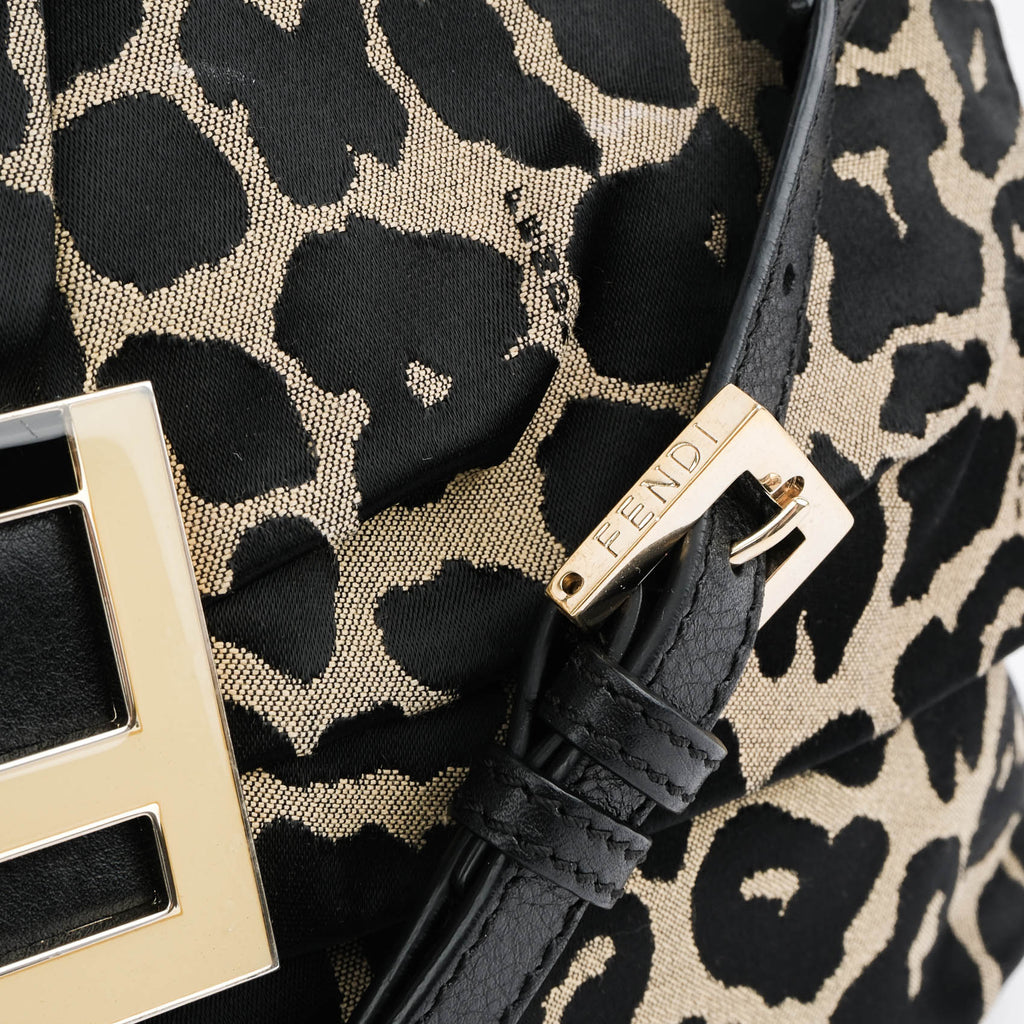 Fendi Large Baguette Leopard Canvas Shoulder Bag with Gold Hardware