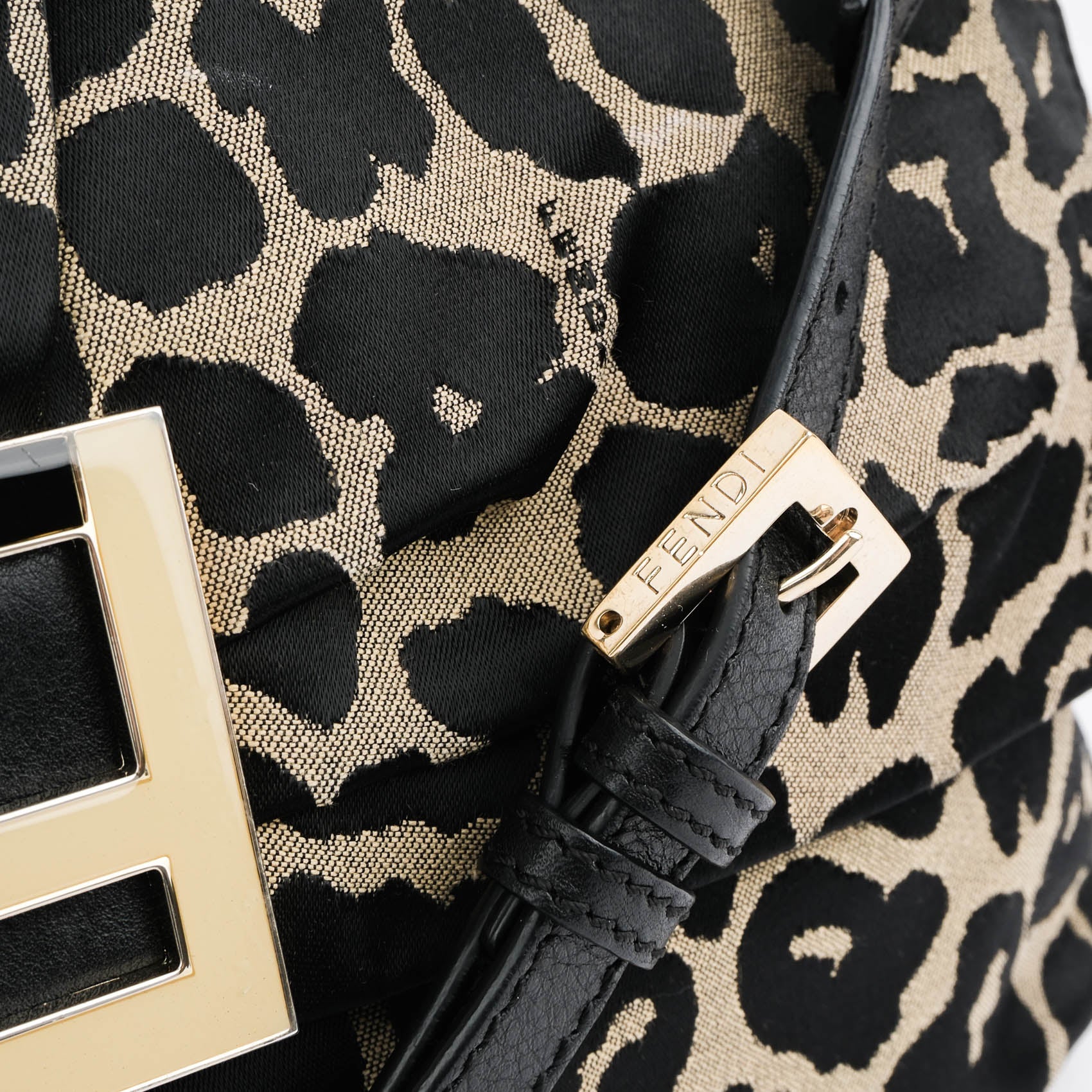 Fendi Large Baguette Leopard Canvas Shoulder Bag with Gold Hardware