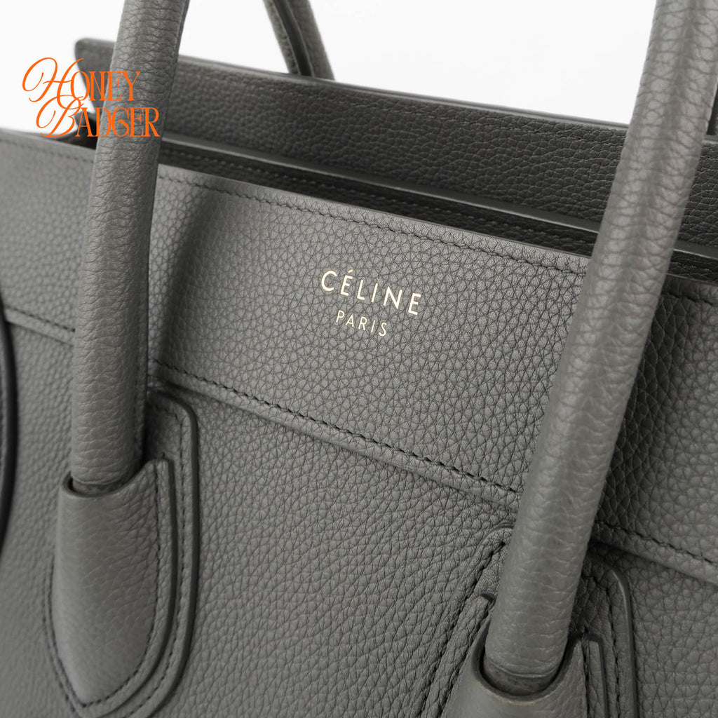 Celine Luggage Micro Shopper Grained Leather Gray Handbag Gold Hardware