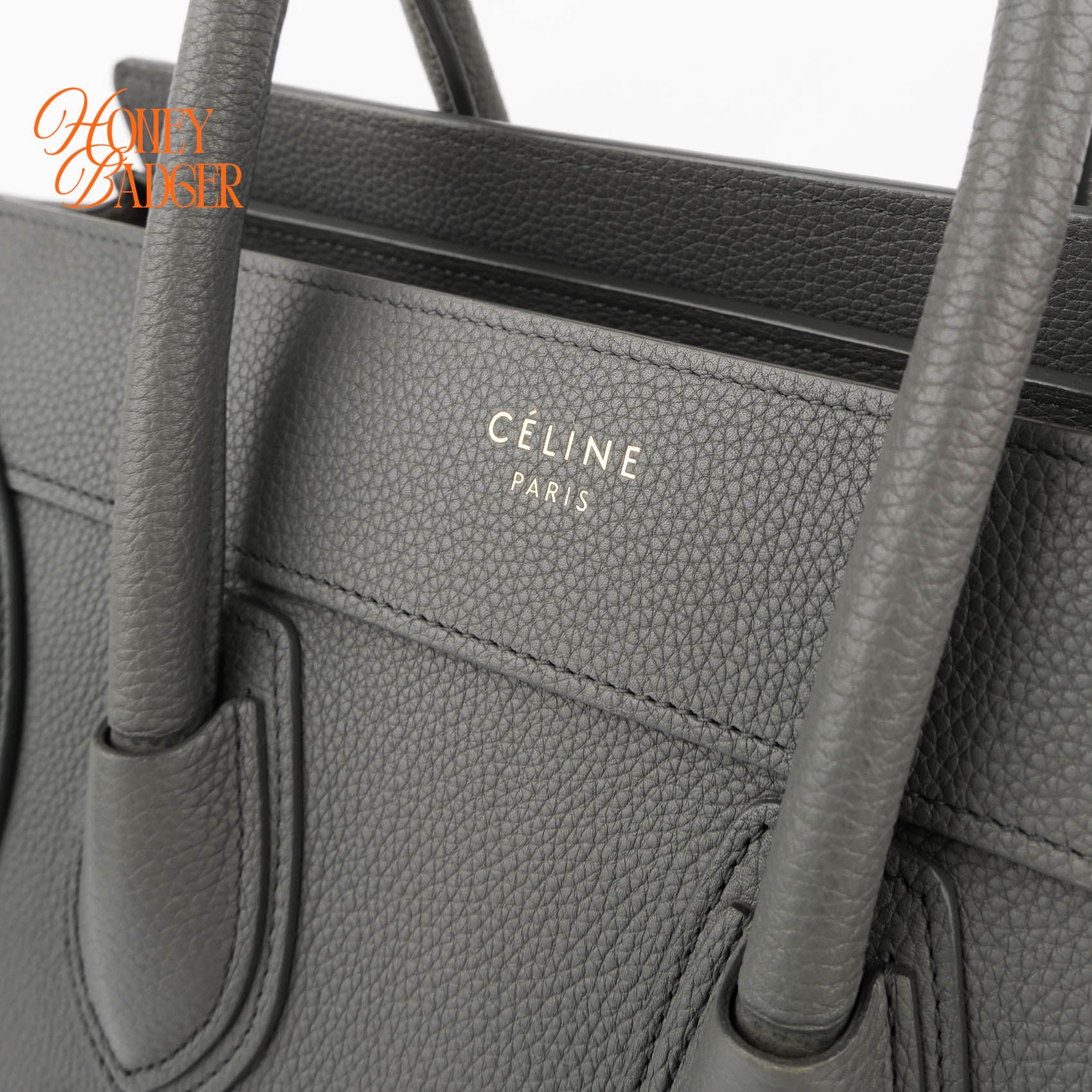 Celine Luggage Micro Shopper Grained Leather Gray Handbag Gold Hardware