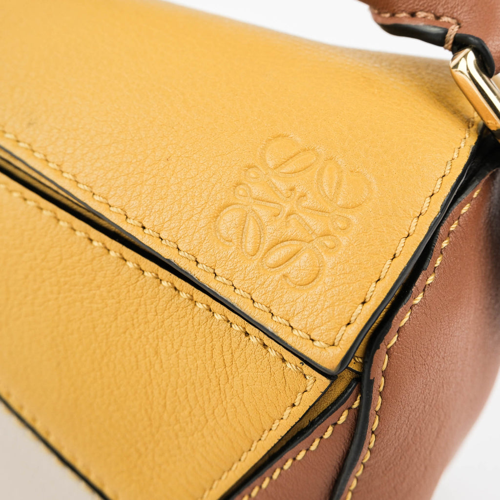 LOEWE Puzzle Bag Mini Brown Yellow Leather 2Way Shoulder Crossbody Handbag