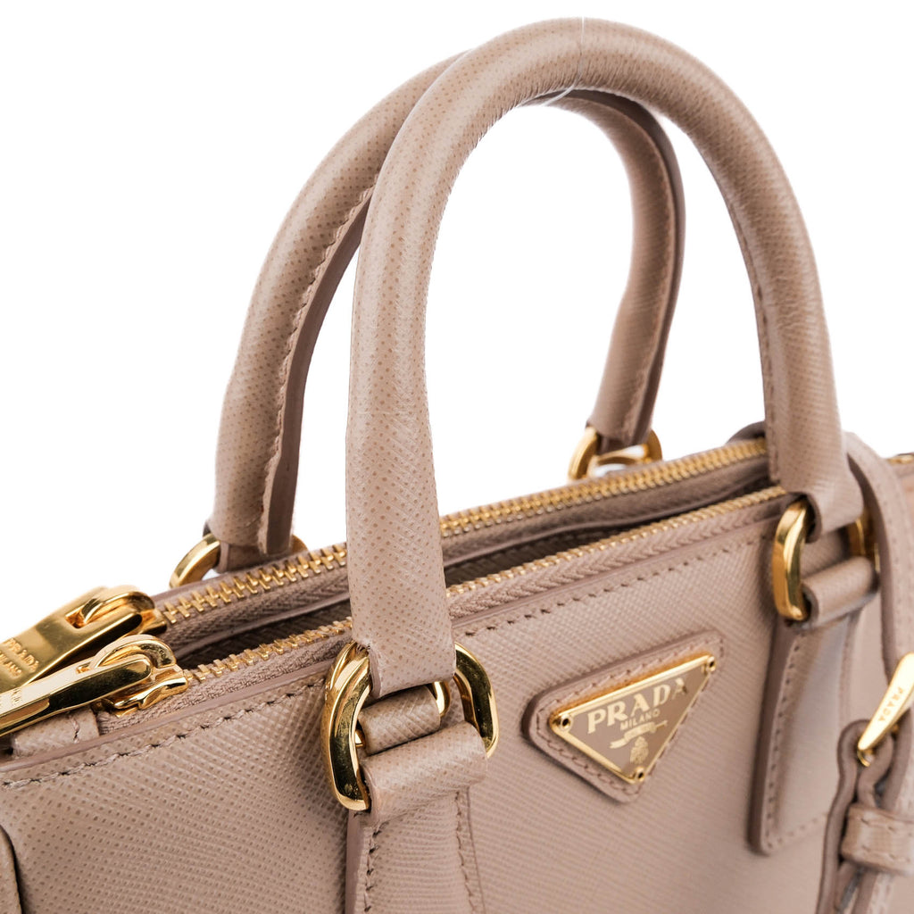 Prada Galleria Saffiano Mini 2-Way Handbag 1BA906 Beige Gold Hardware