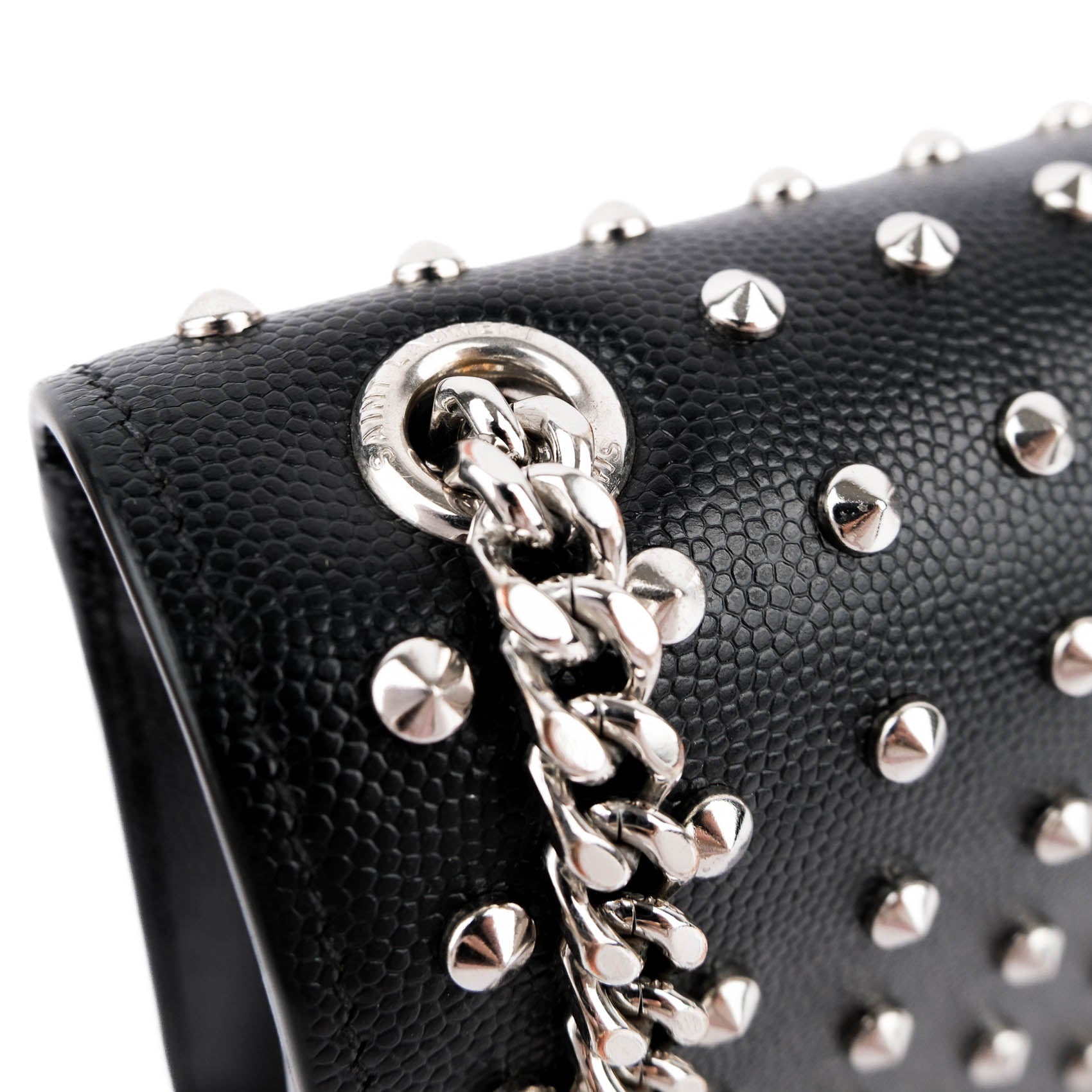 Saint Laurent Kate Medium Chain Shoulder Bag Black Grained Leather Round Studs Silver Hardware YSL Logo