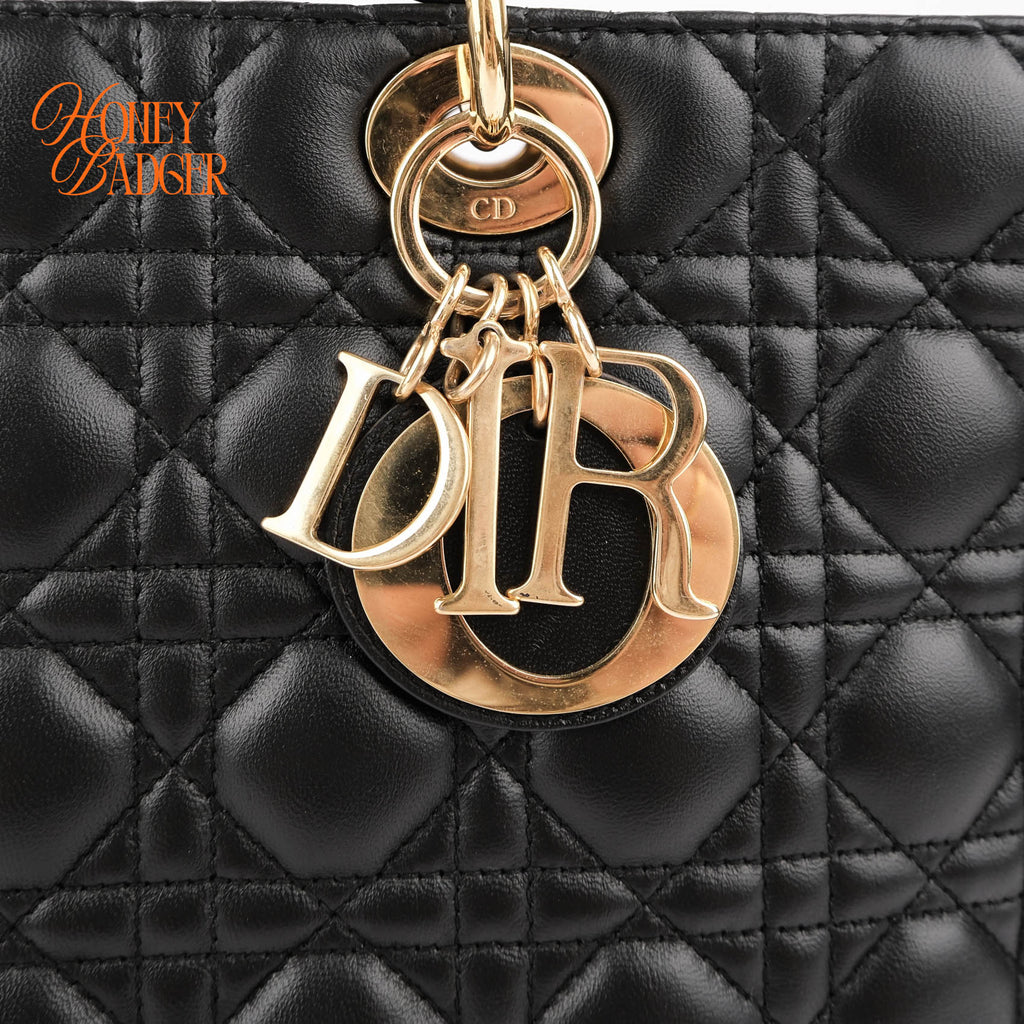 Christian Dior Lady Dior Large Cannage Black Lambskin Gold Hardware 2WAY Bag