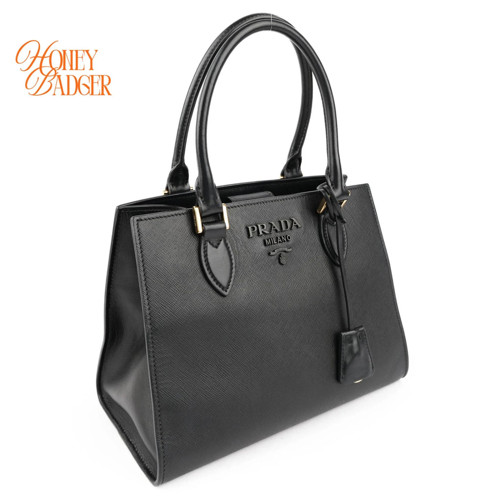 Prada Saffiano Logo Tote Black Leather 2WAY Shoulder Bag