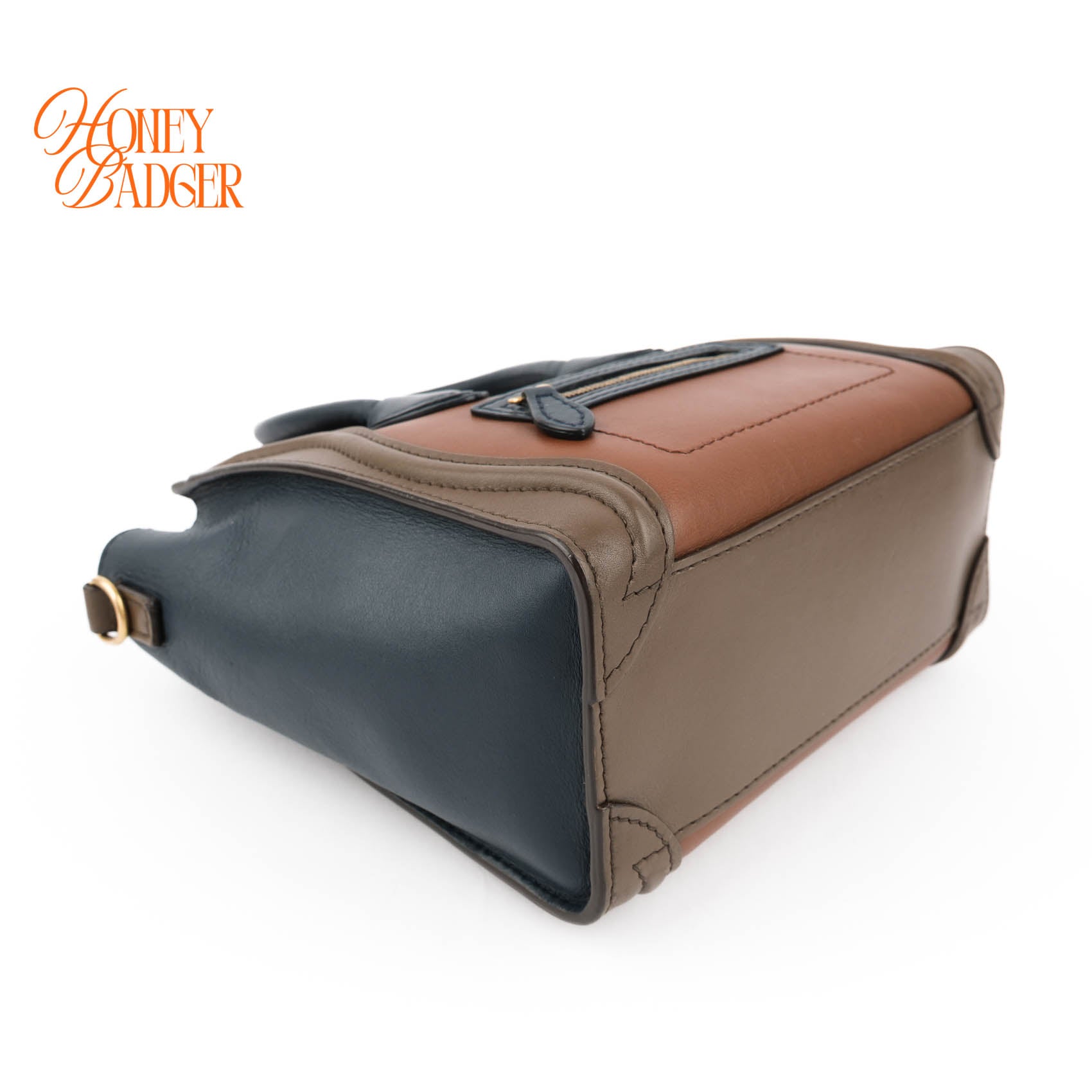 Authentic Celine Luggage Nano Tricolor | Brown, Navy & Taupe Leather Crossbody Bag