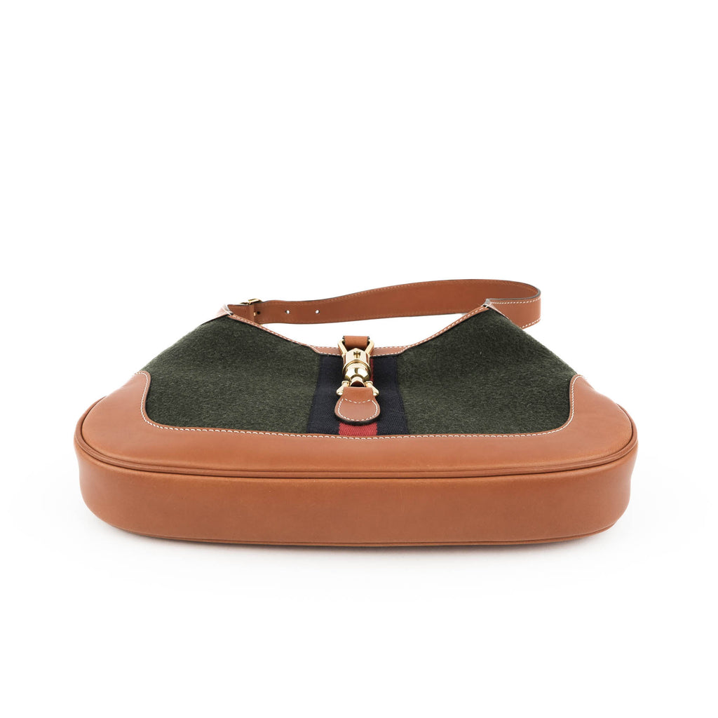 Gucci Jackie 1961 Small Shoulder Bag in Green Felt and Brown Leather