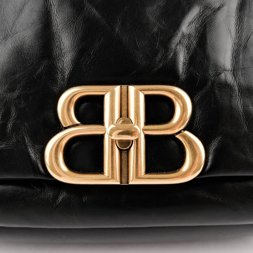 BALENCIAGA Monaco BB Logo Leather Shoulder Bag Black