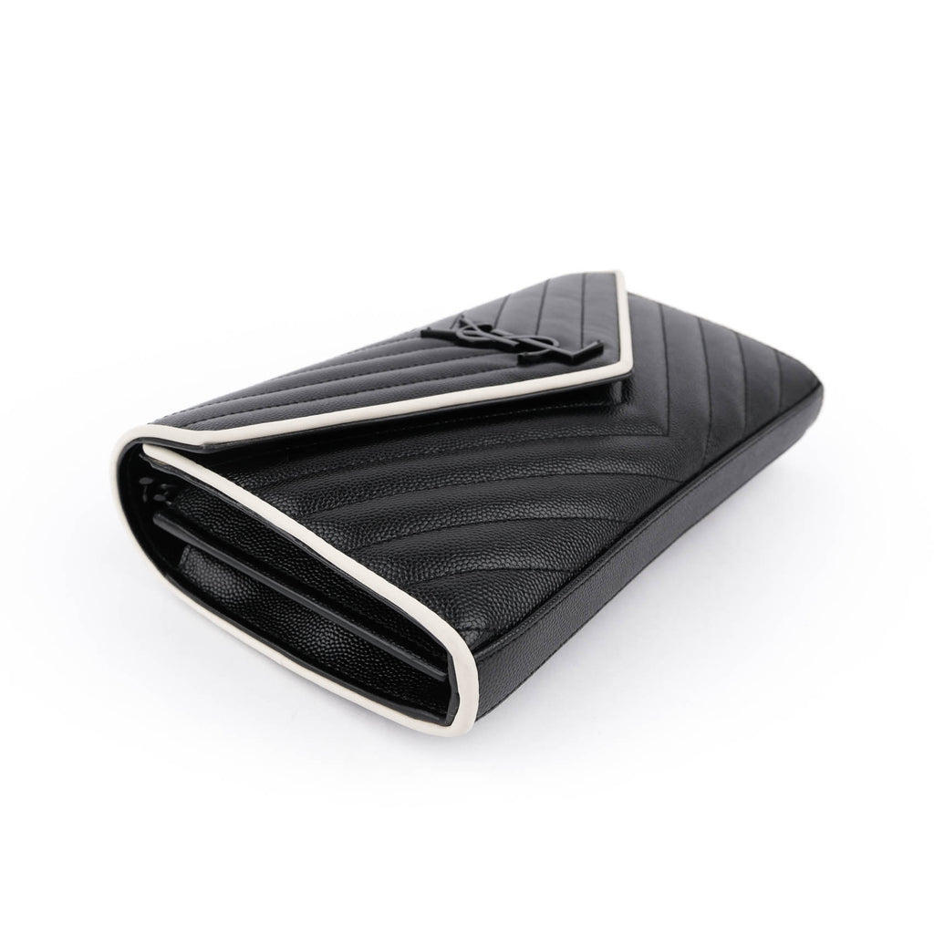 Saint Laurent Large Envelope Bag in Mix Matelassé Grain de Poudre Embossed Leather with White Piping and Black Hardware