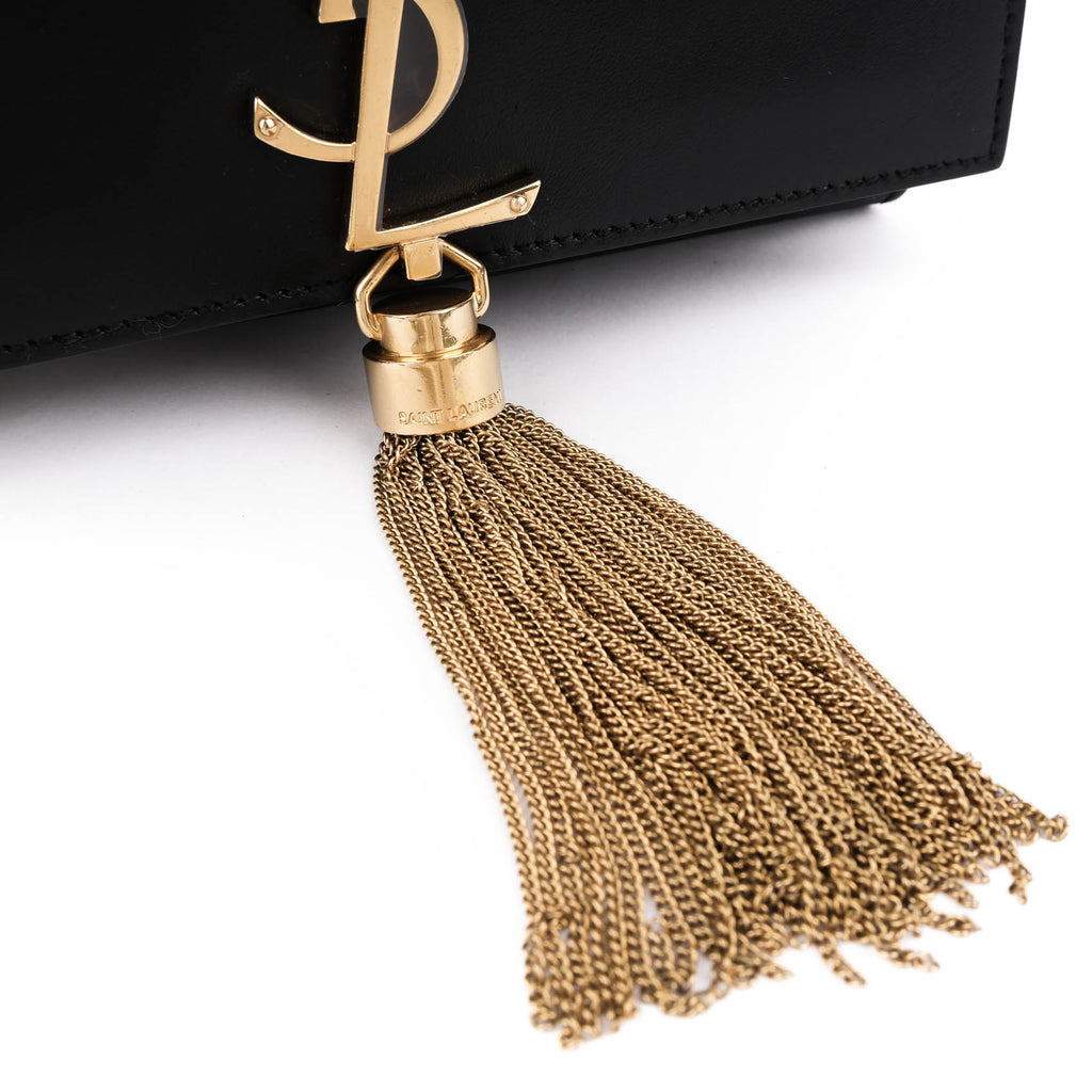 Saint Laurent Kate Small Tassel Bag in Black Smooth Leather with Gold Hardware