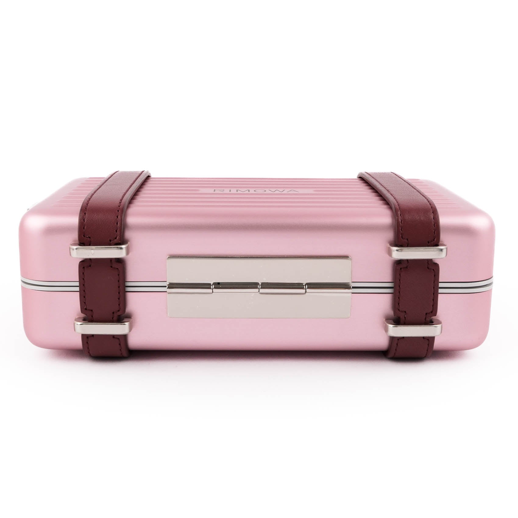 DIOR AND RIMOWA Personal Clutch on Strap in Rose Aluminum and Burgundy Leather