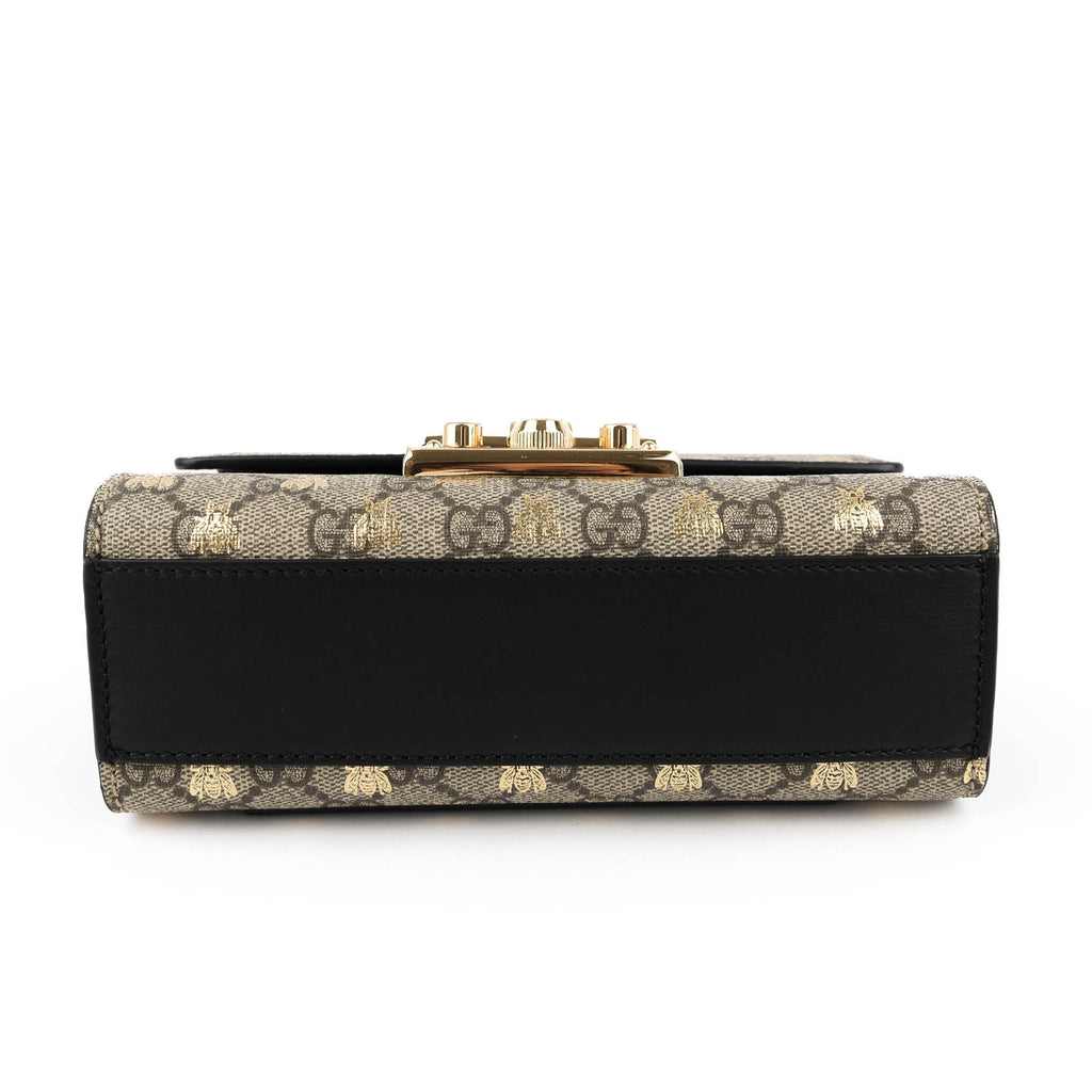 Gucci Padlock Small Shoulder Bag 409487 GG Supreme Gold Bee Print Beige Black