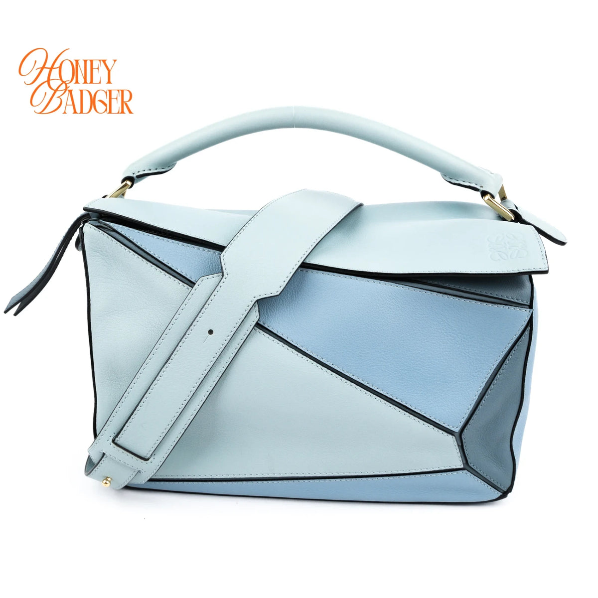 Loewe Puzzle Bag Medium Classic Calfskin Aqua Light Blue Stone Blue Gold Hardware Rank AB