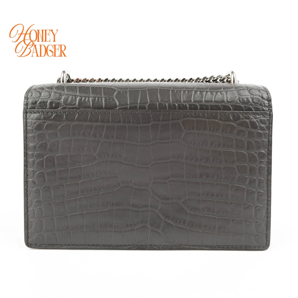 Saint Laurent Sunset Mini Chain Wallet Crocodile-Embossed Calfskin Grey Silver Hardware Rank A