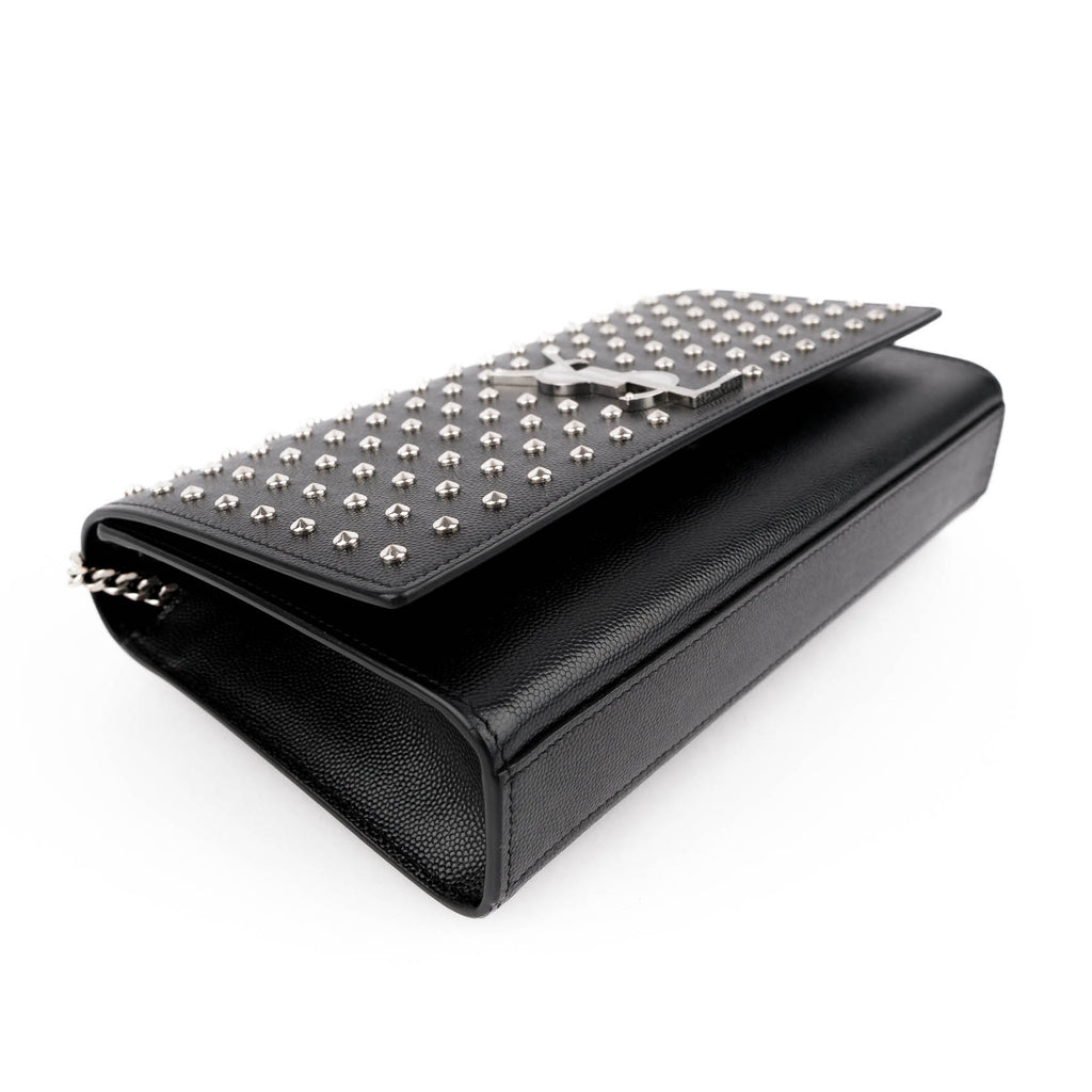 Saint Laurent Kate Medium Chain Shoulder Bag Black Grained Leather Round Studs Silver Hardware YSL Logo