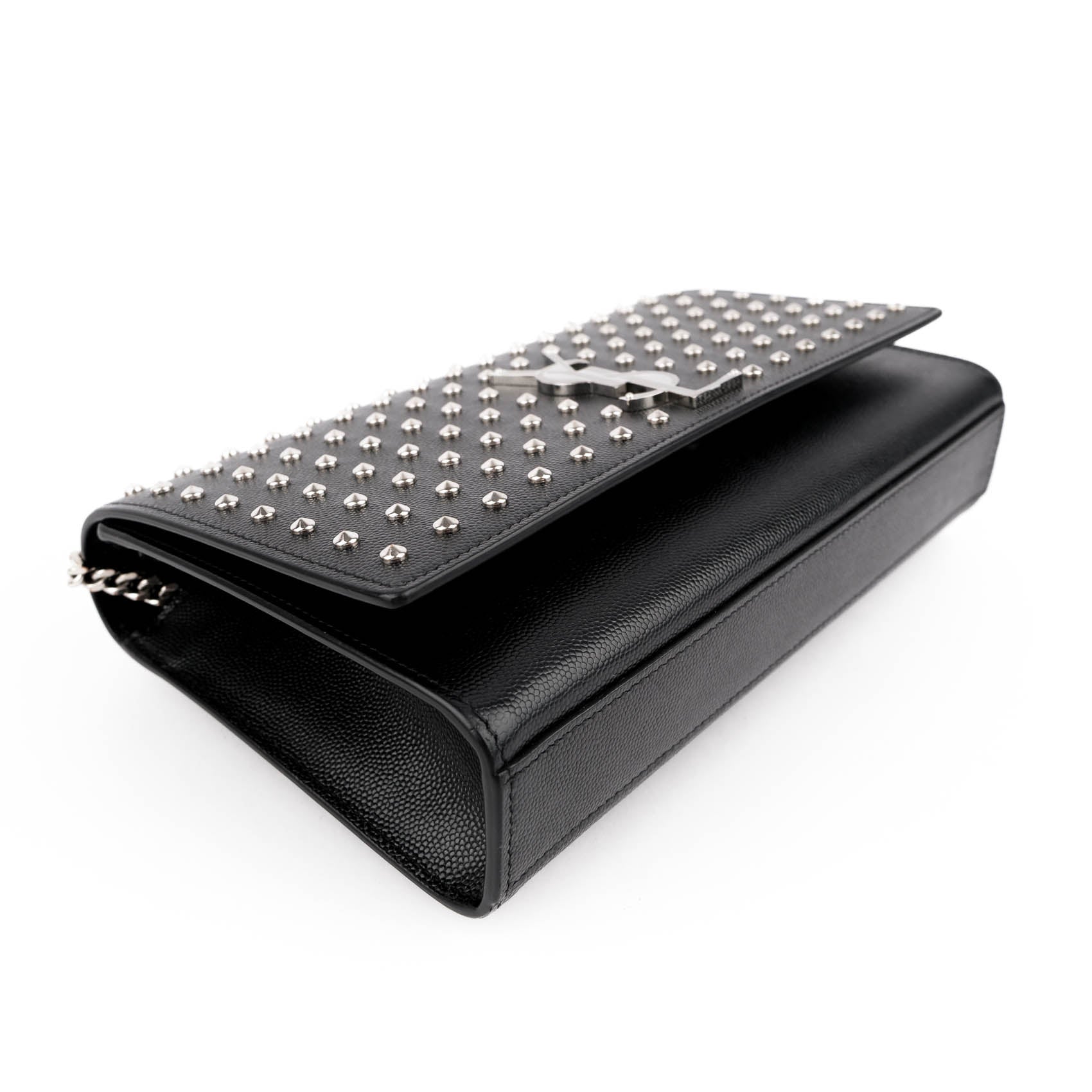 Saint Laurent Kate Medium Chain Shoulder Bag Black Grained Leather Round Studs Silver Hardware YSL Logo