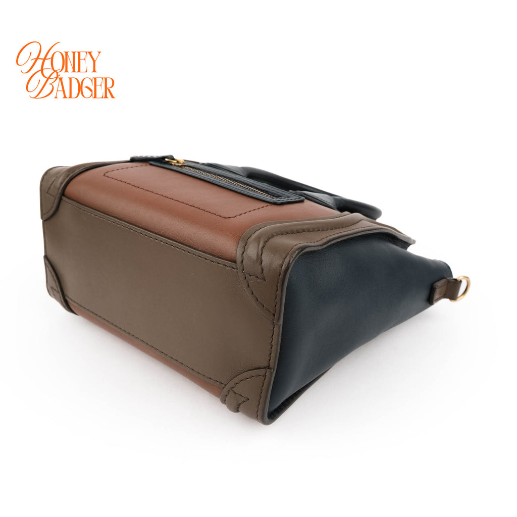 Authentic Celine Luggage Nano Tricolor | Brown, Navy & Taupe Leather Crossbody Bag