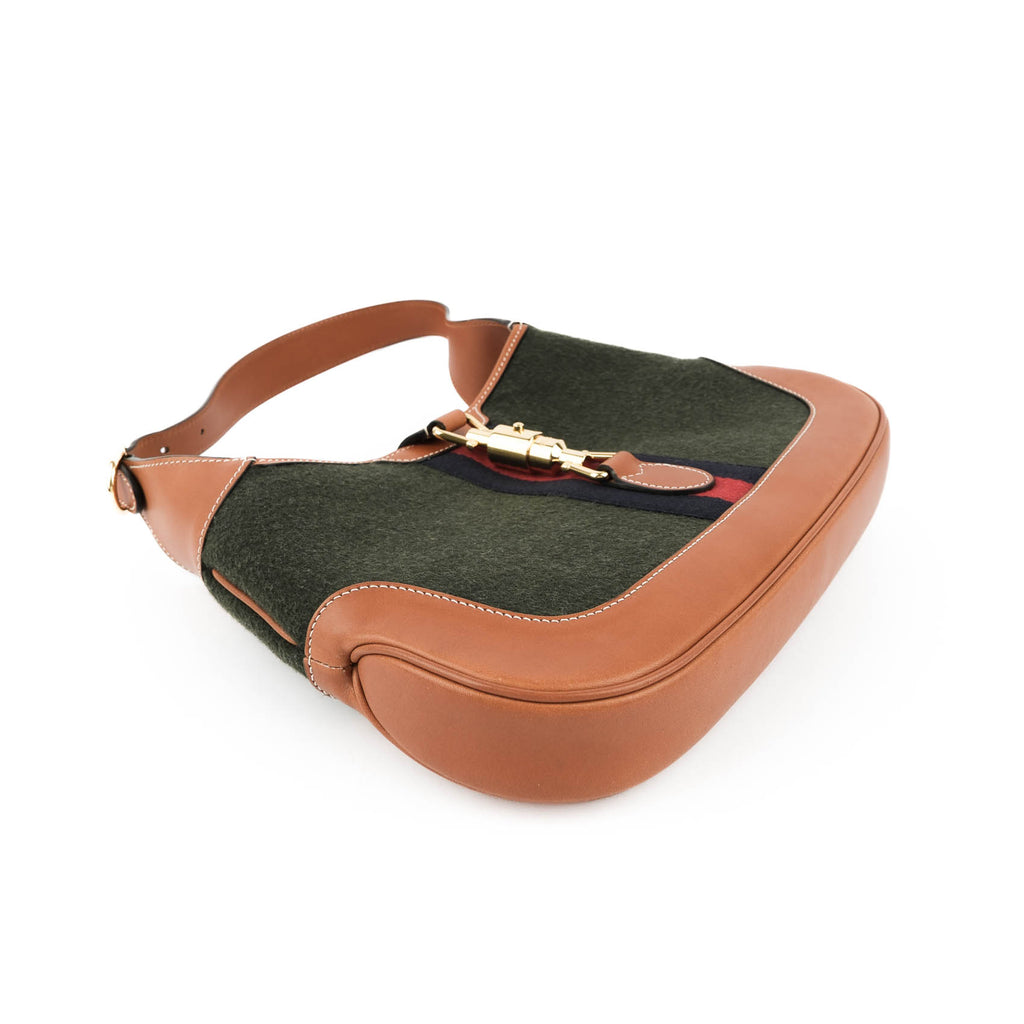 Gucci Jackie 1961 Small Shoulder Bag in Green Felt and Brown Leather