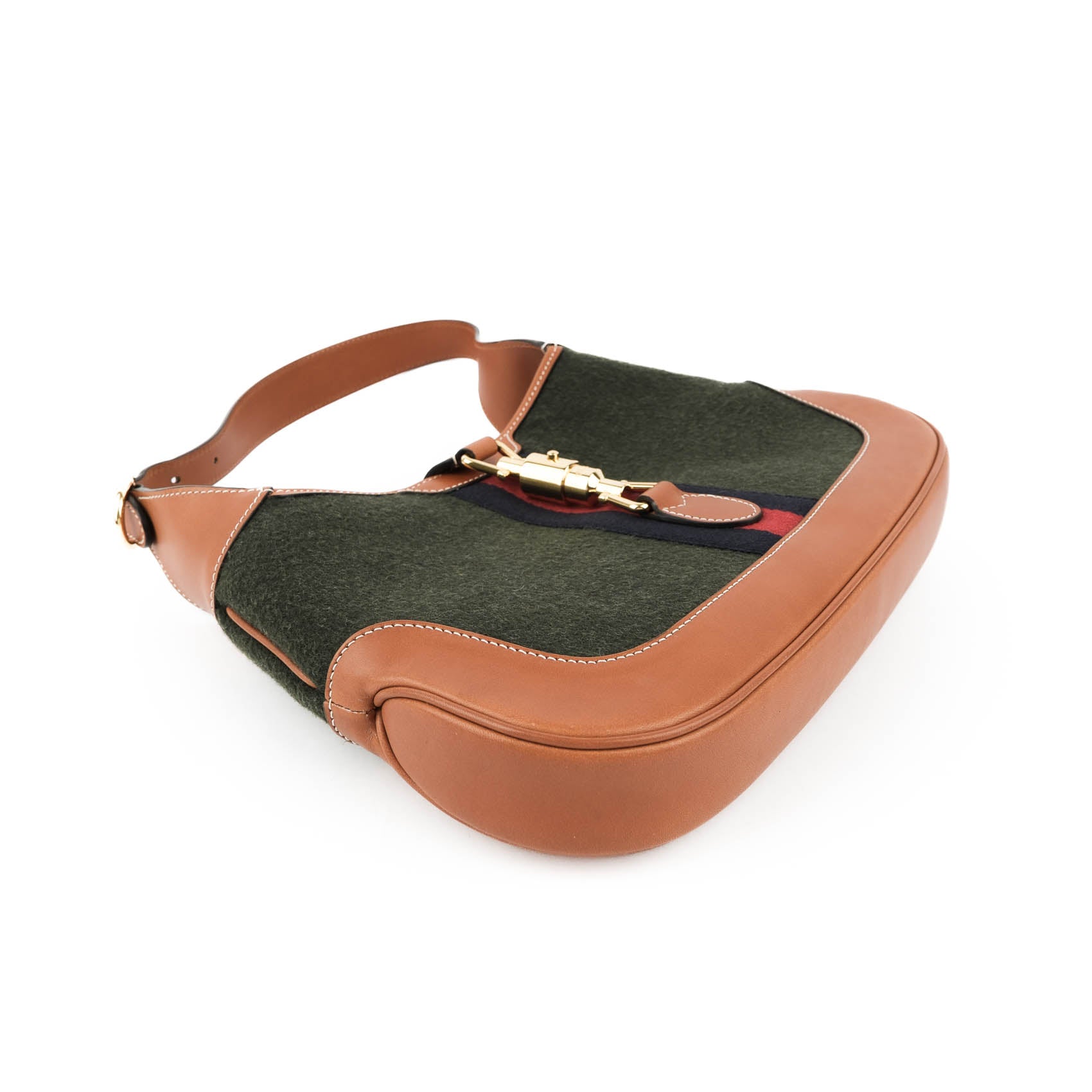 Gucci Jackie 1961 Small Shoulder Bag in Green Felt and Brown Leather