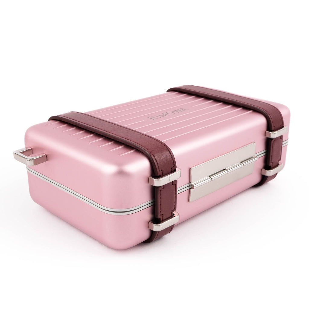 DIOR AND RIMOWA Personal Clutch on Strap in Rose Aluminum and Burgundy Leather