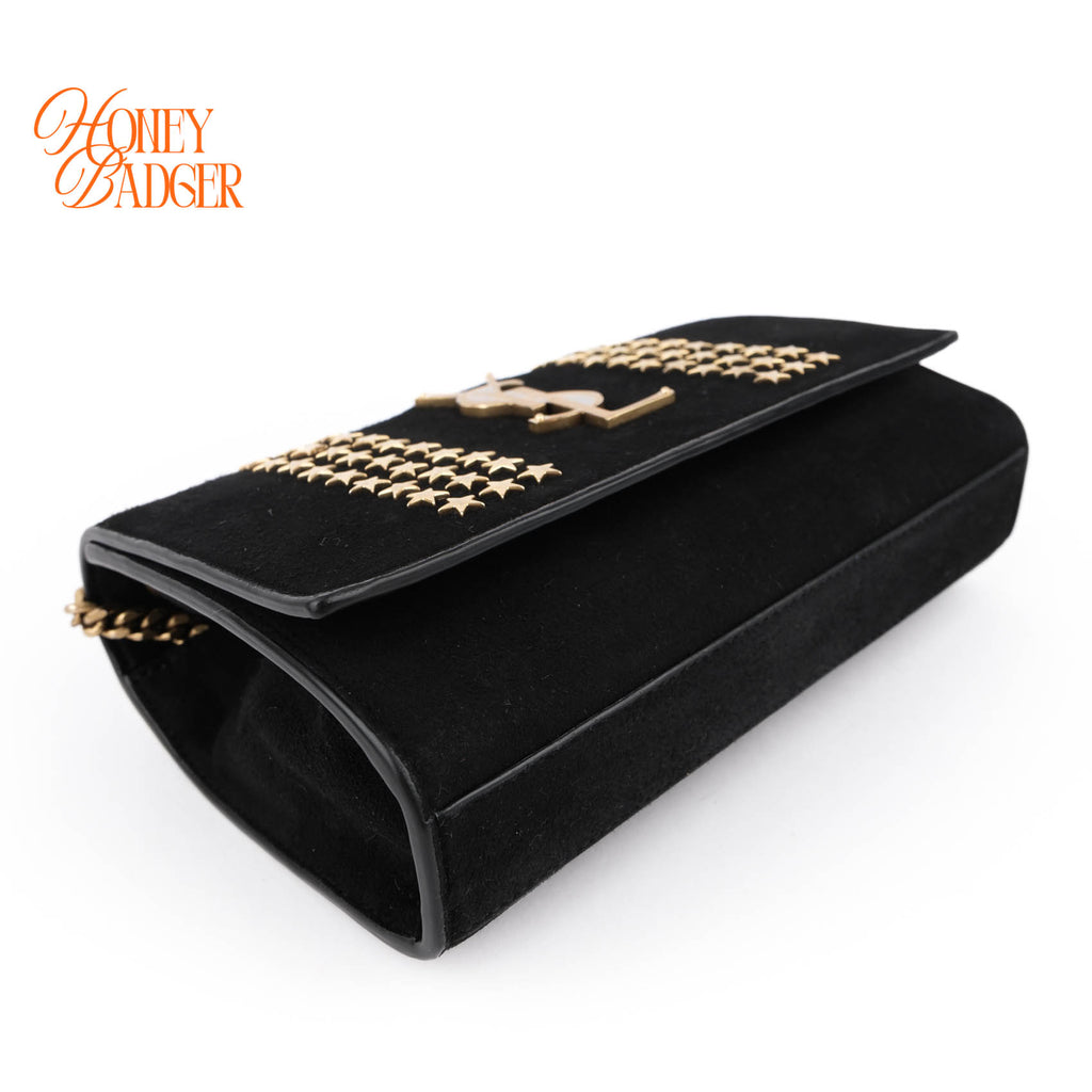 Saint Laurent Suede Star Studded Small Kate Chain Bag - Black