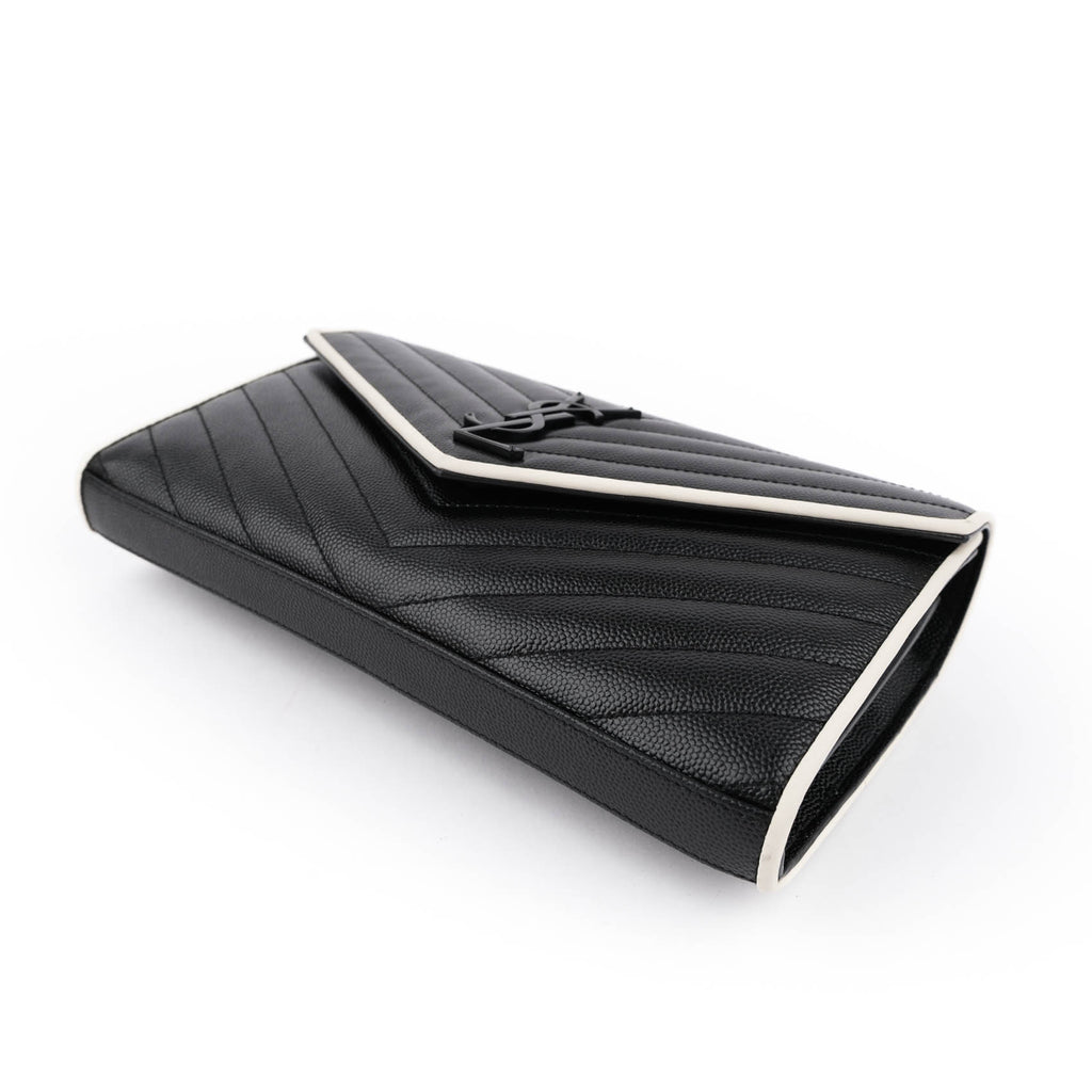 Saint Laurent Large Envelope Bag in Mix Matelassé Grain de Poudre Embossed Leather with White Piping and Black Hardware