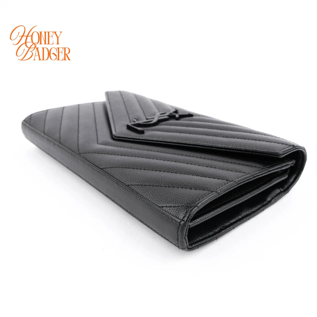 Saint Laurent Classic Cassandre Chain Wallet Grain de Poudre Leather Black Matte Black Hardware Rank A