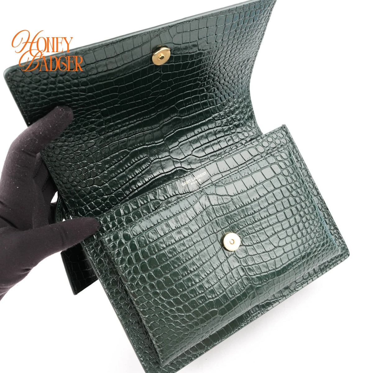 Saint Laurent Sunset Medium Croc-Embossed Leather Green Gold Hardware Rank A